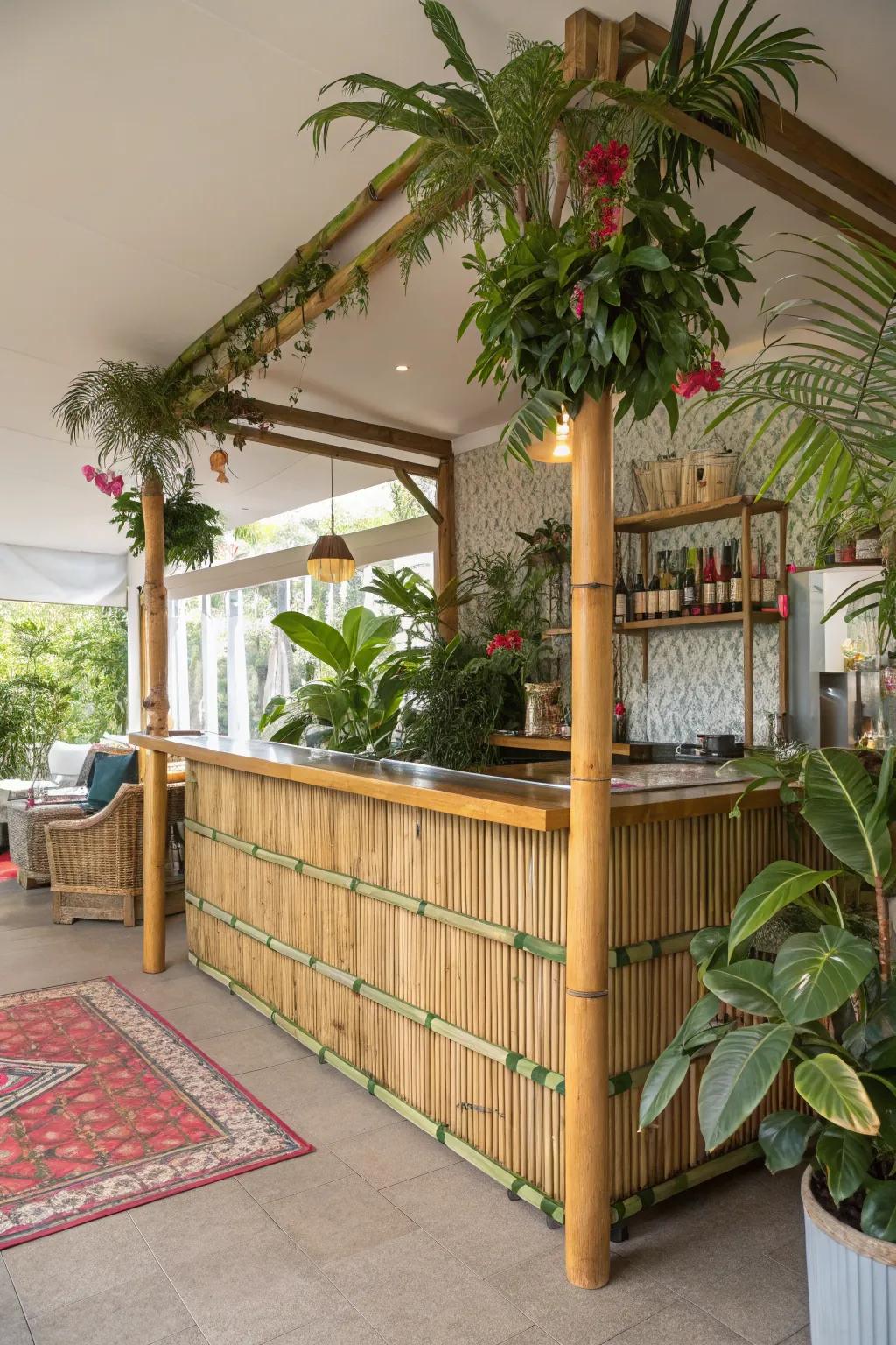 A tropical escape L-shaped bar with bamboo and greenery.