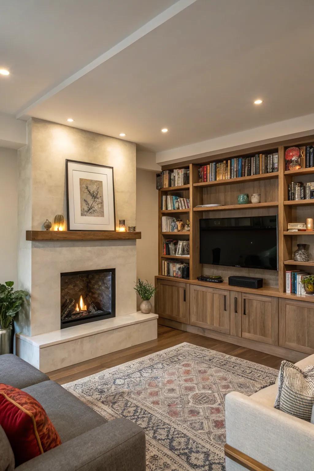 Integrated shelving with a plaster fireplace offers both style and function.