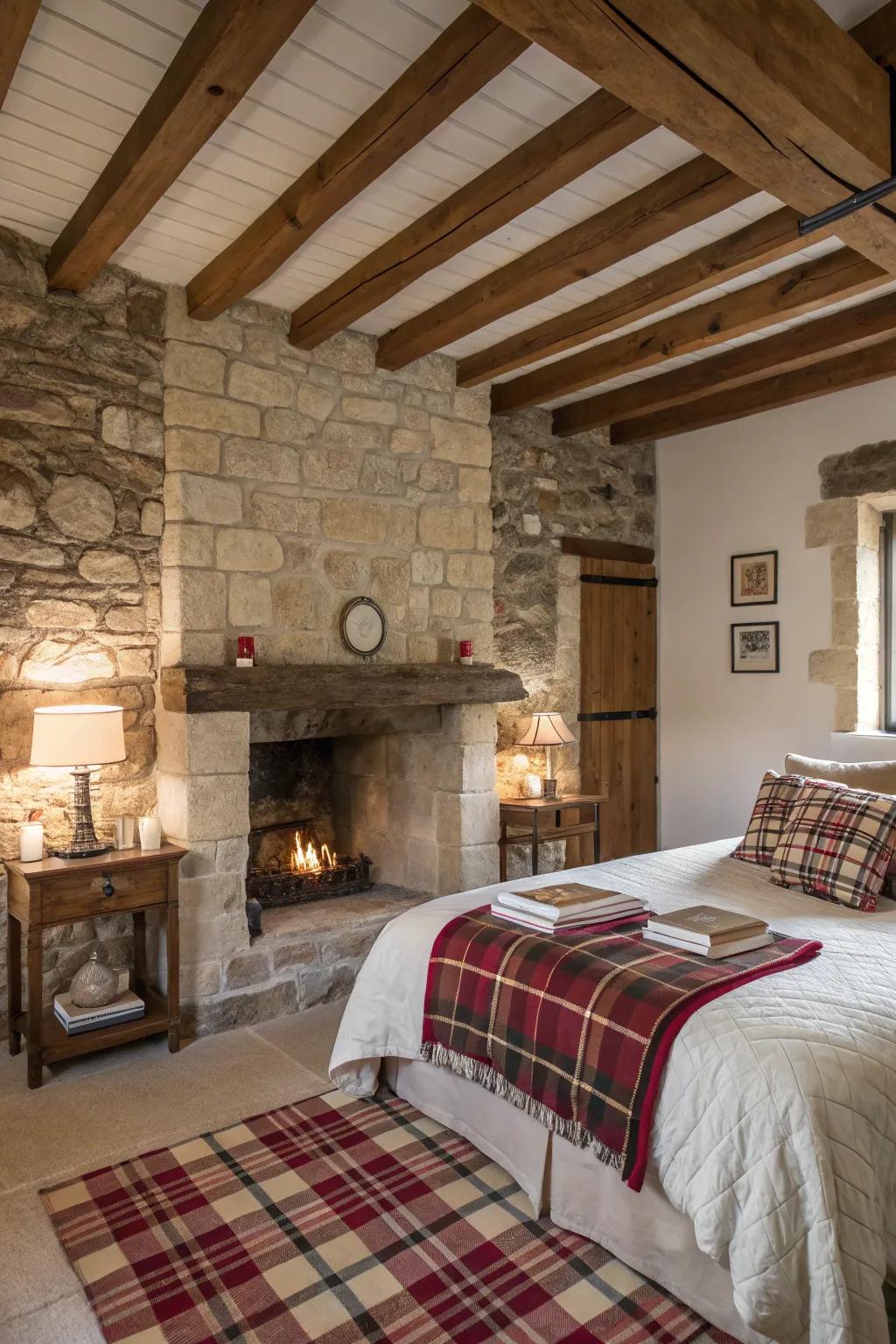 A stone fireplace provides warmth and a natural focal point in the bedroom.