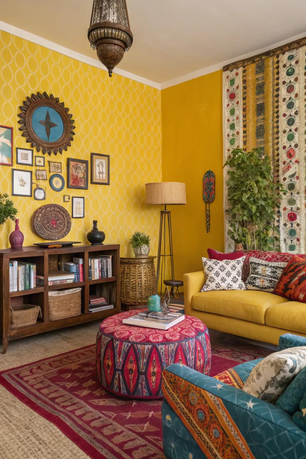 Bold yellow walls and eclectic patterns create a maximalist and vibrant living room.