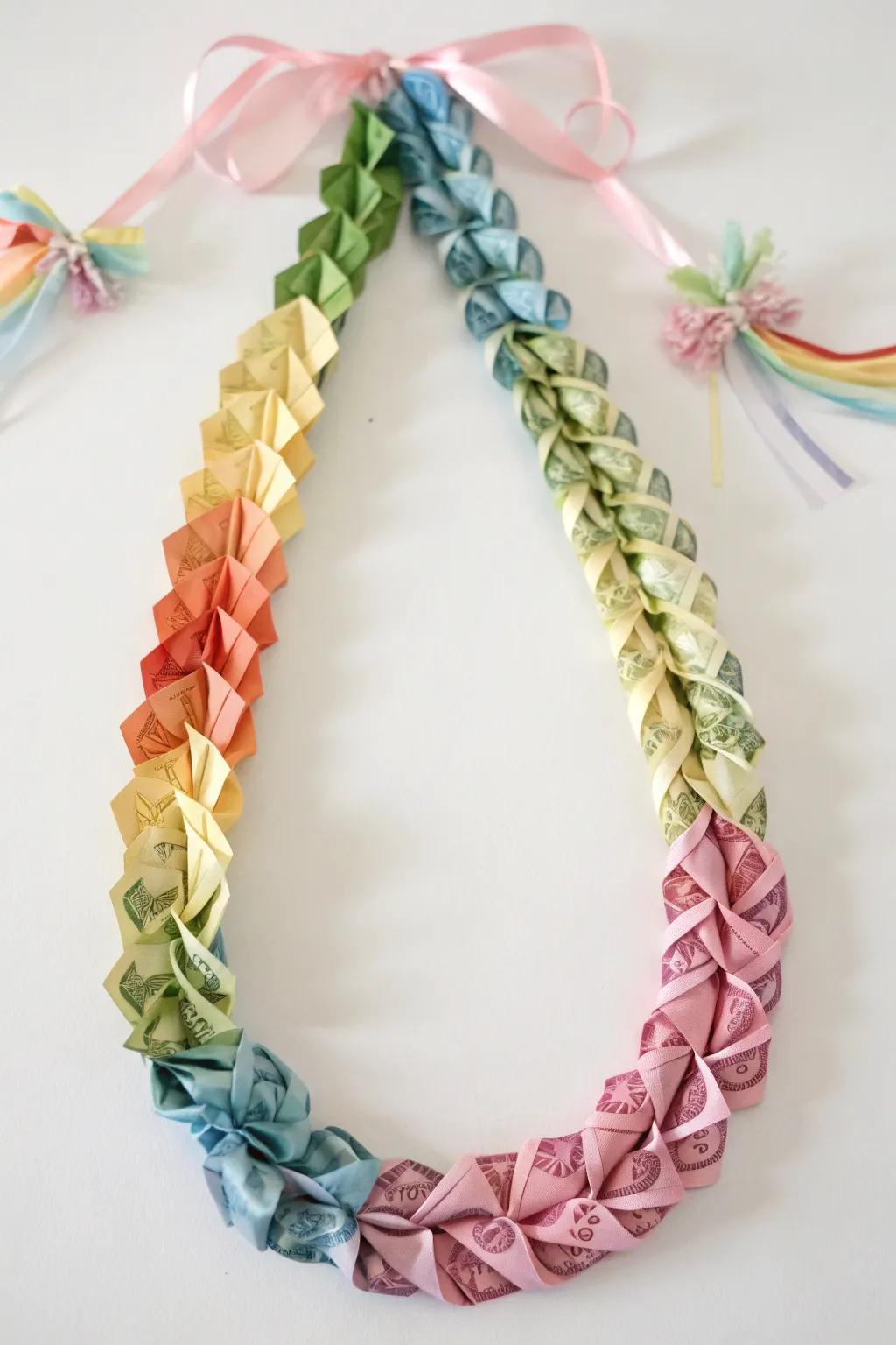 Add a splash of color and elegance to your celebrations with this stunning Rainbow Money Lei!