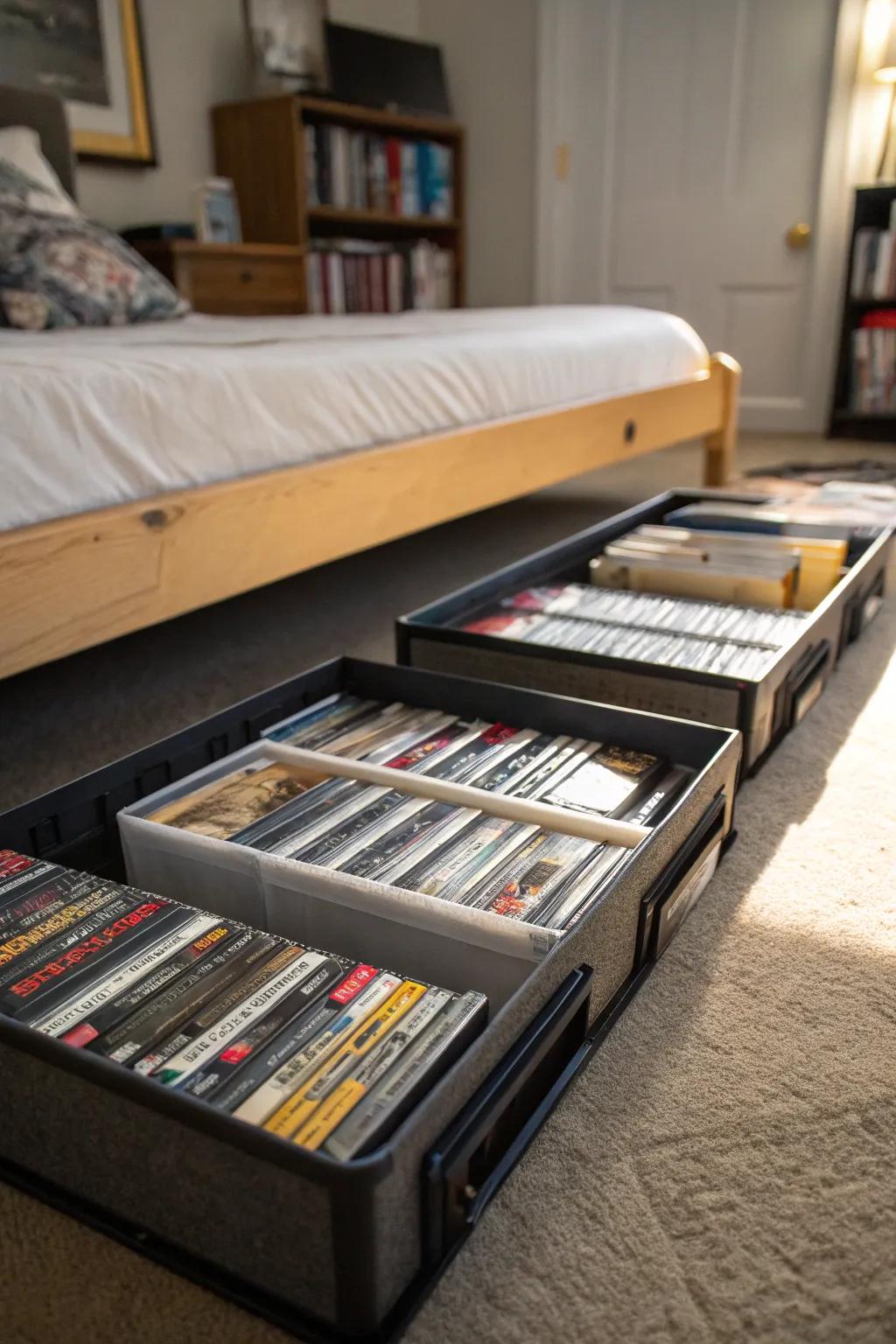 Flat storage boxes under a bed, ideal for discreetly storing DVDs.