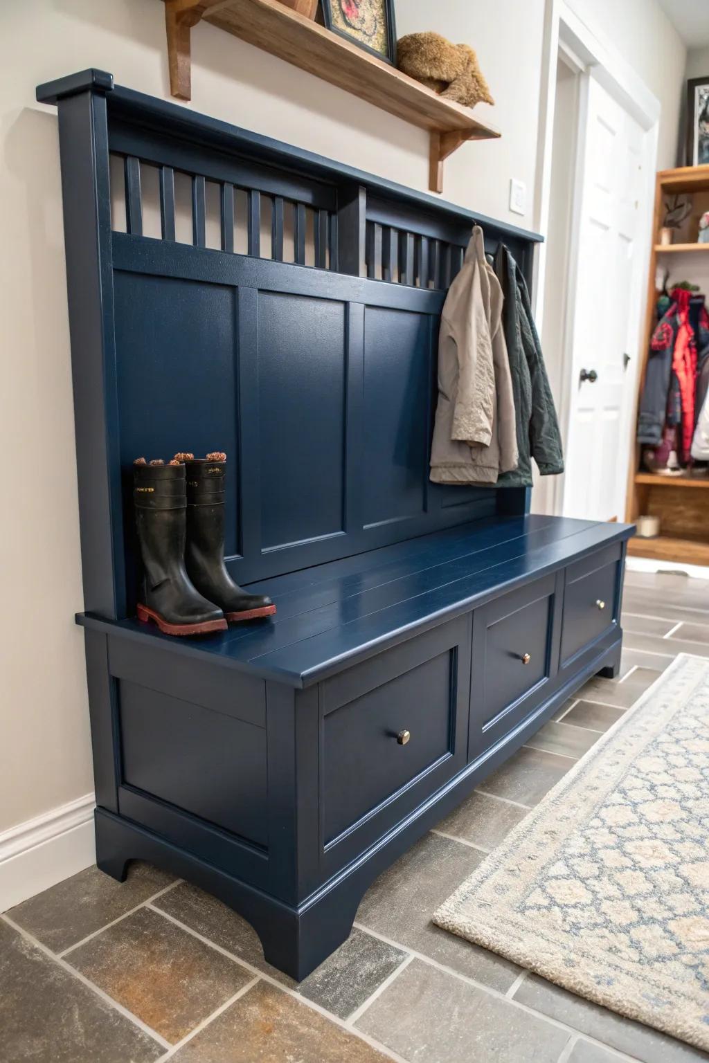 Water-resistant paint keeps mudroom benches looking fresh.