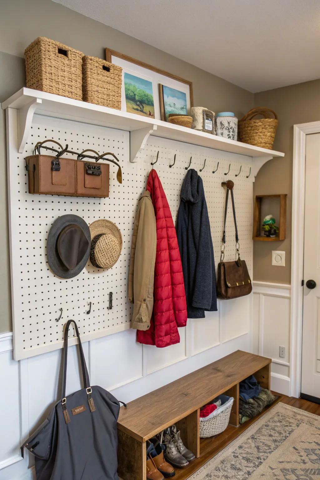 A pegboard offers customizable and efficient storage solutions.