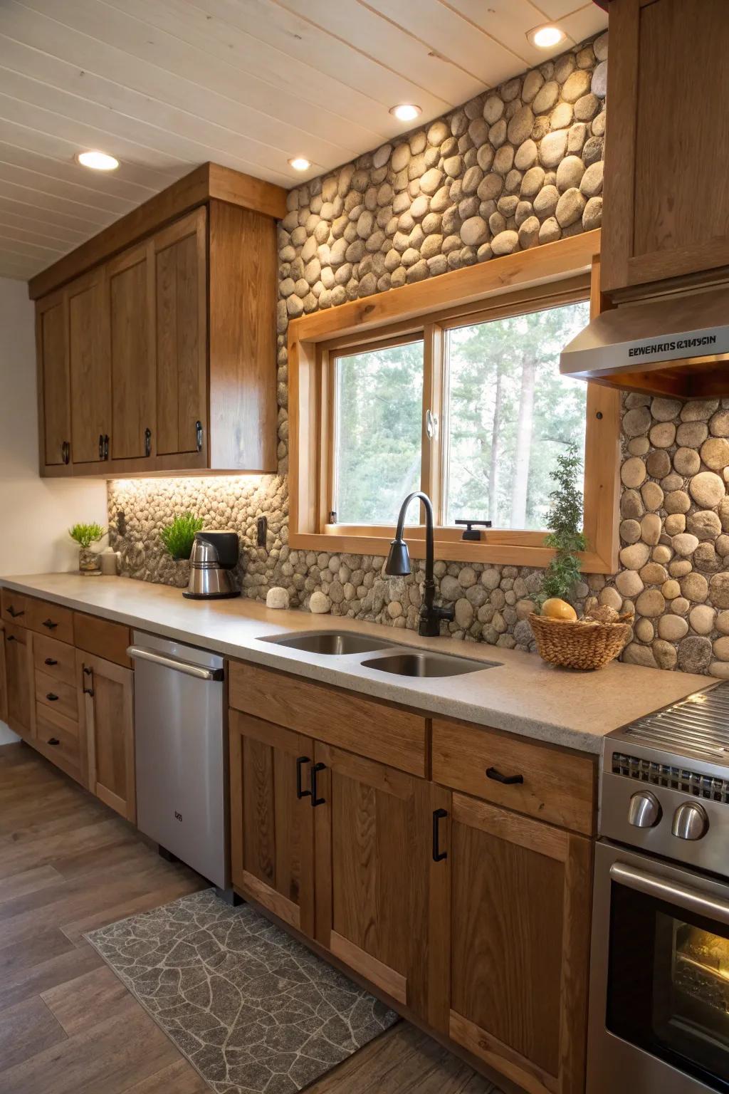 Kitchen with an organic pebble tile backsplash.