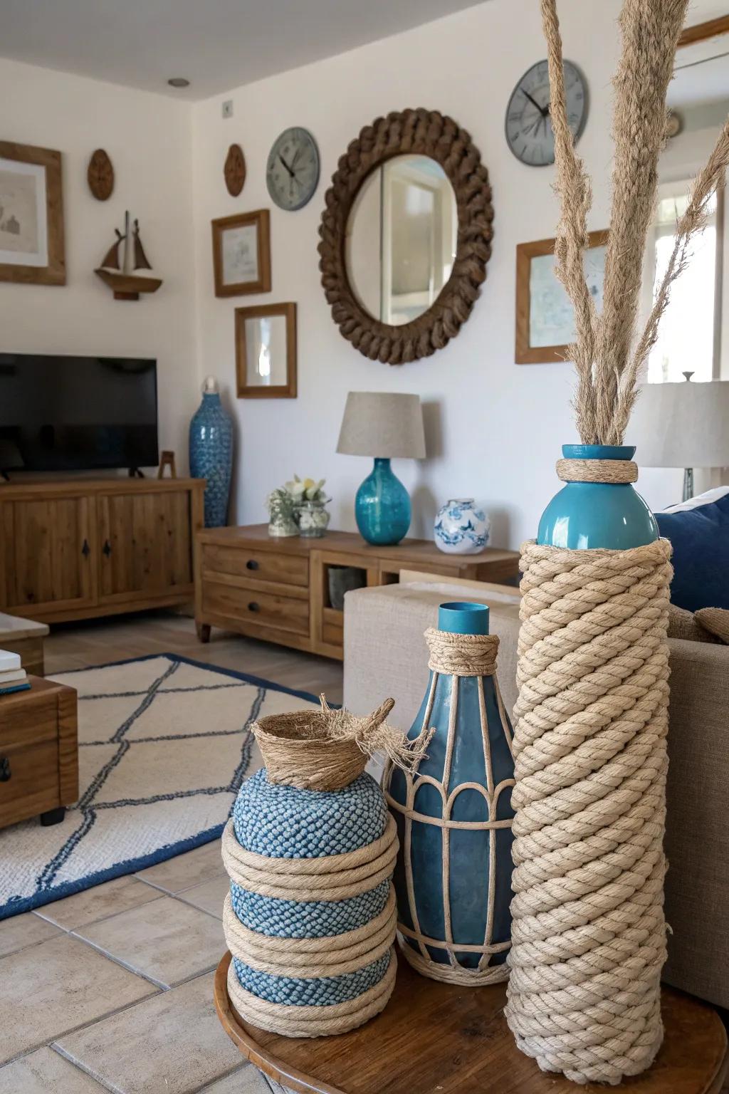 Rope-wrapped decor adds texture and nautical charm.