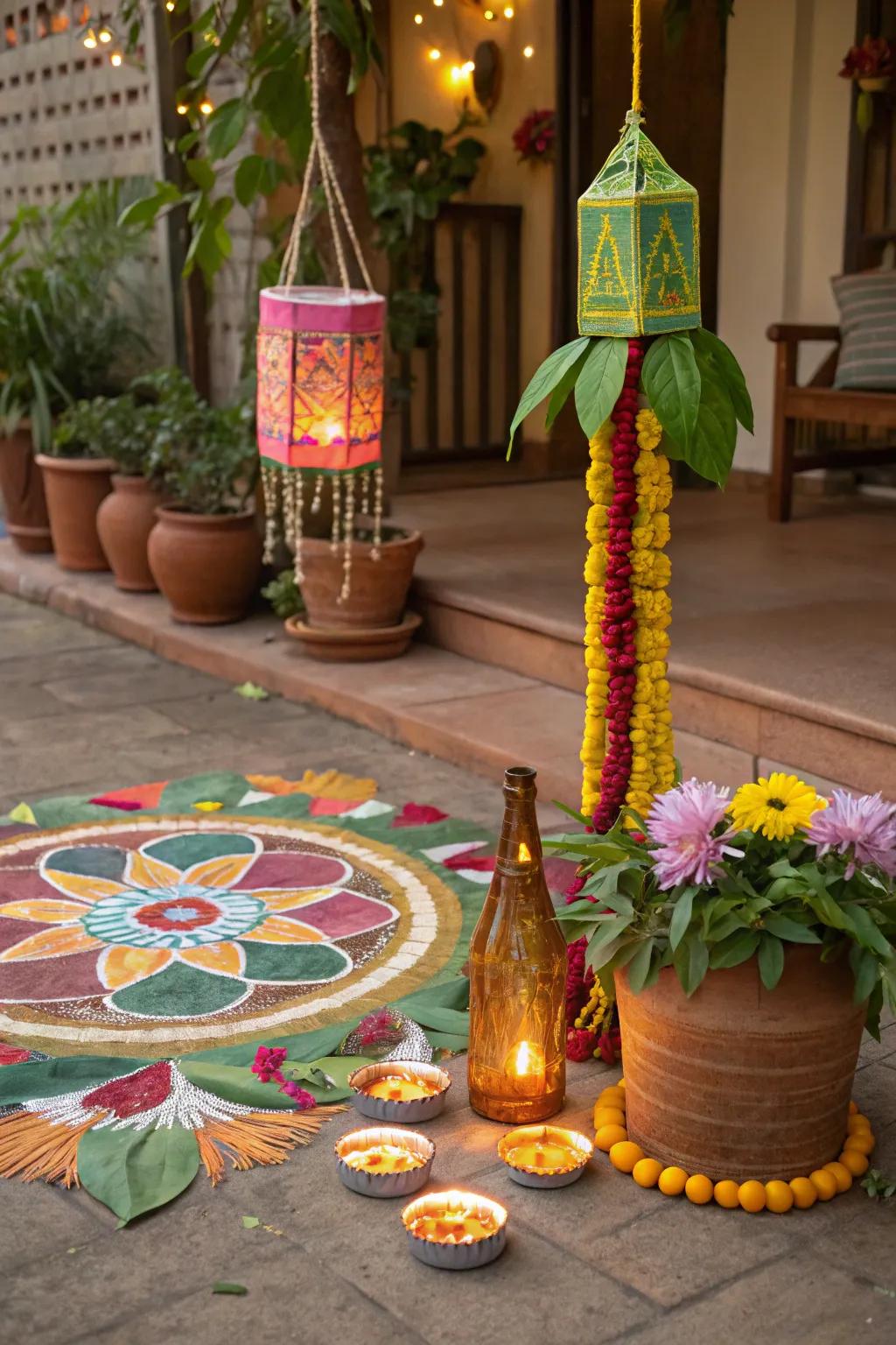 Eco-friendly Navratri decor crafted from recycled materials and natural elements.