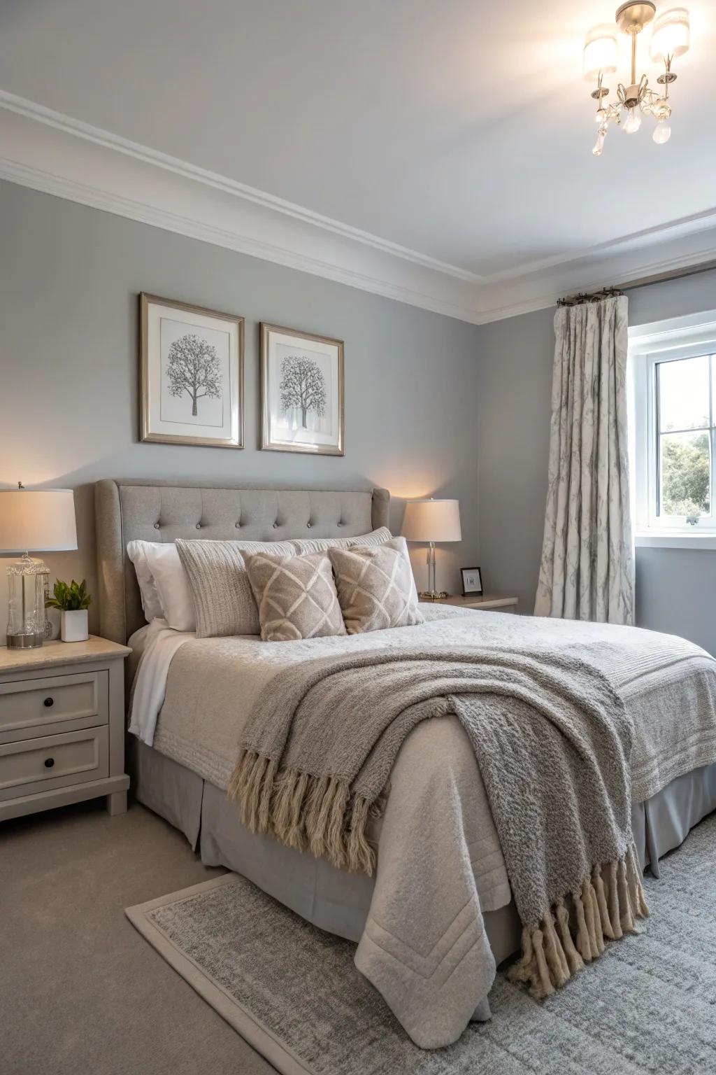 Soft grays provide a tranquil backdrop in a relaxing bedroom.