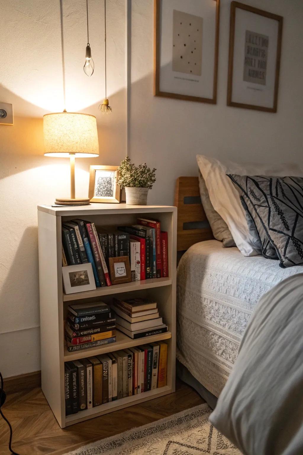 A small bookshelf used as a nightstand, creating a mini-library in the bedroom.