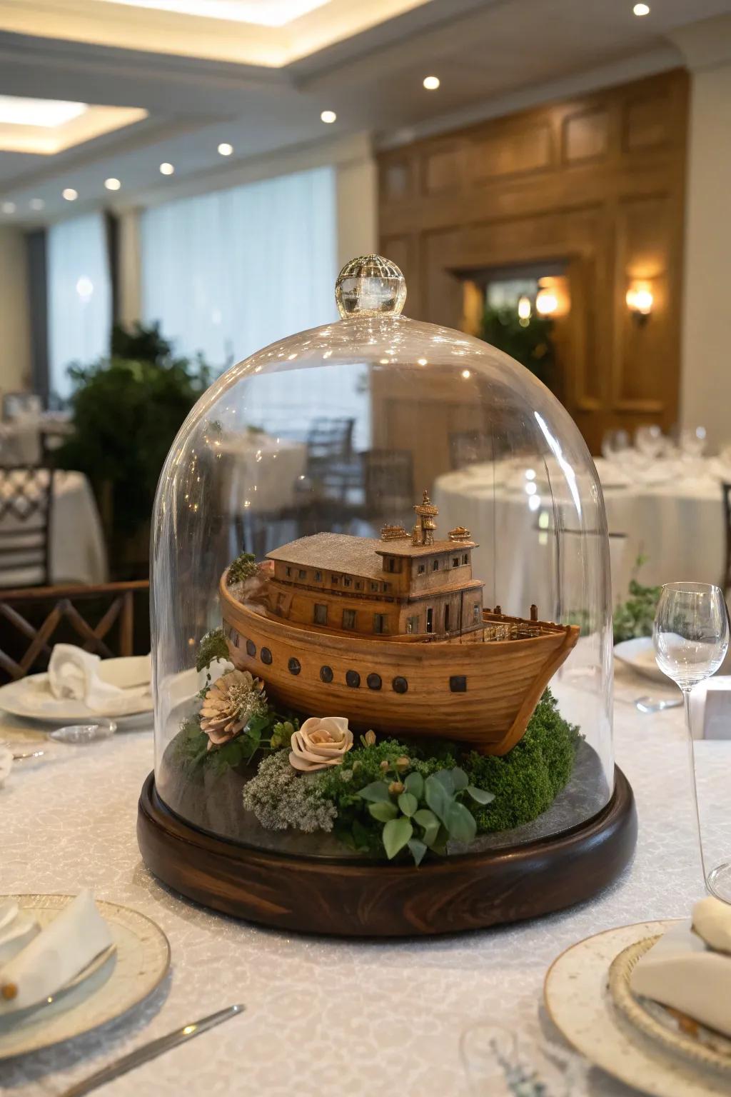 A glass dome adds sophistication to this Noah's Ark centerpiece.