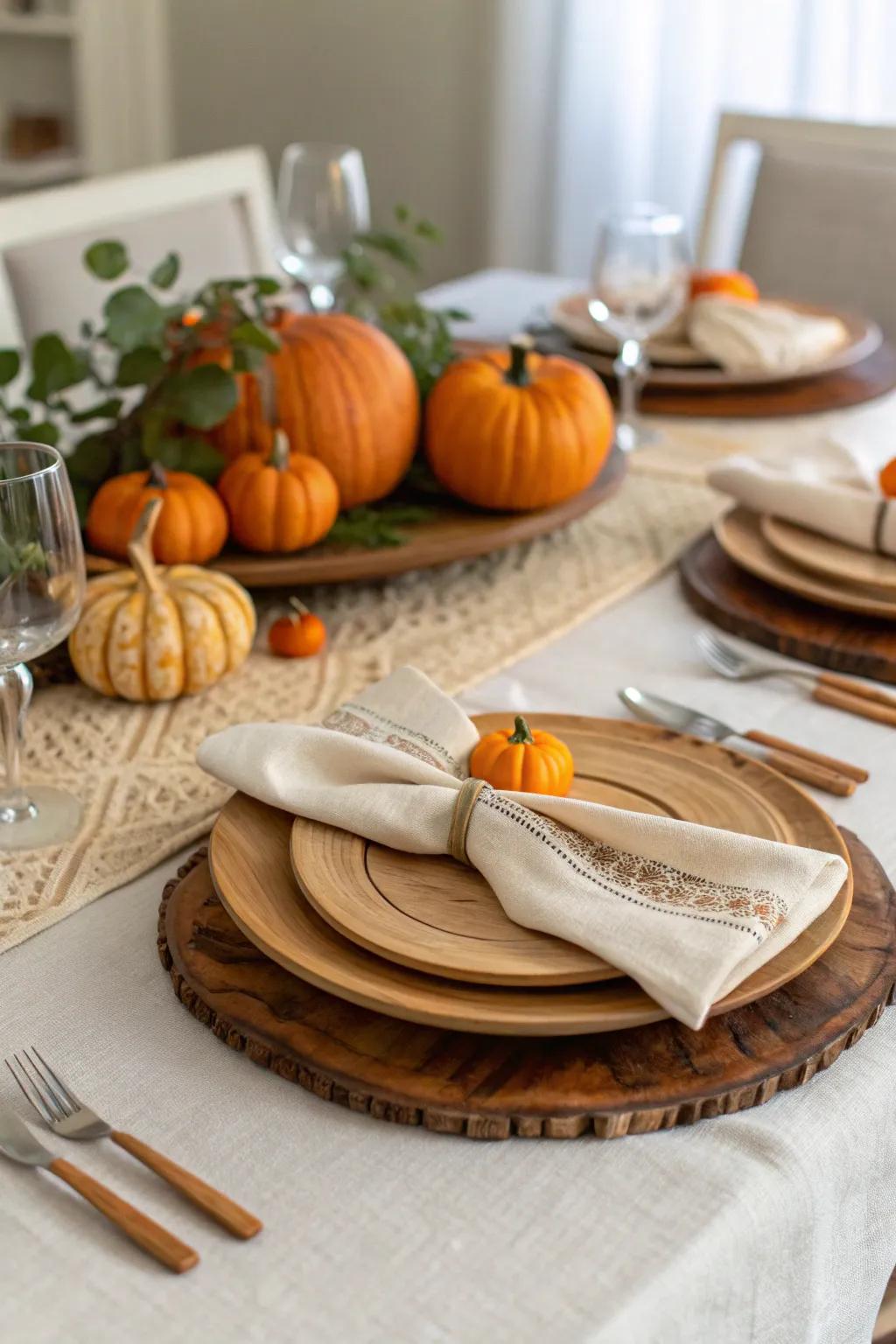 Create a welcoming Thanksgiving table with natural elements and warm, inviting hues.