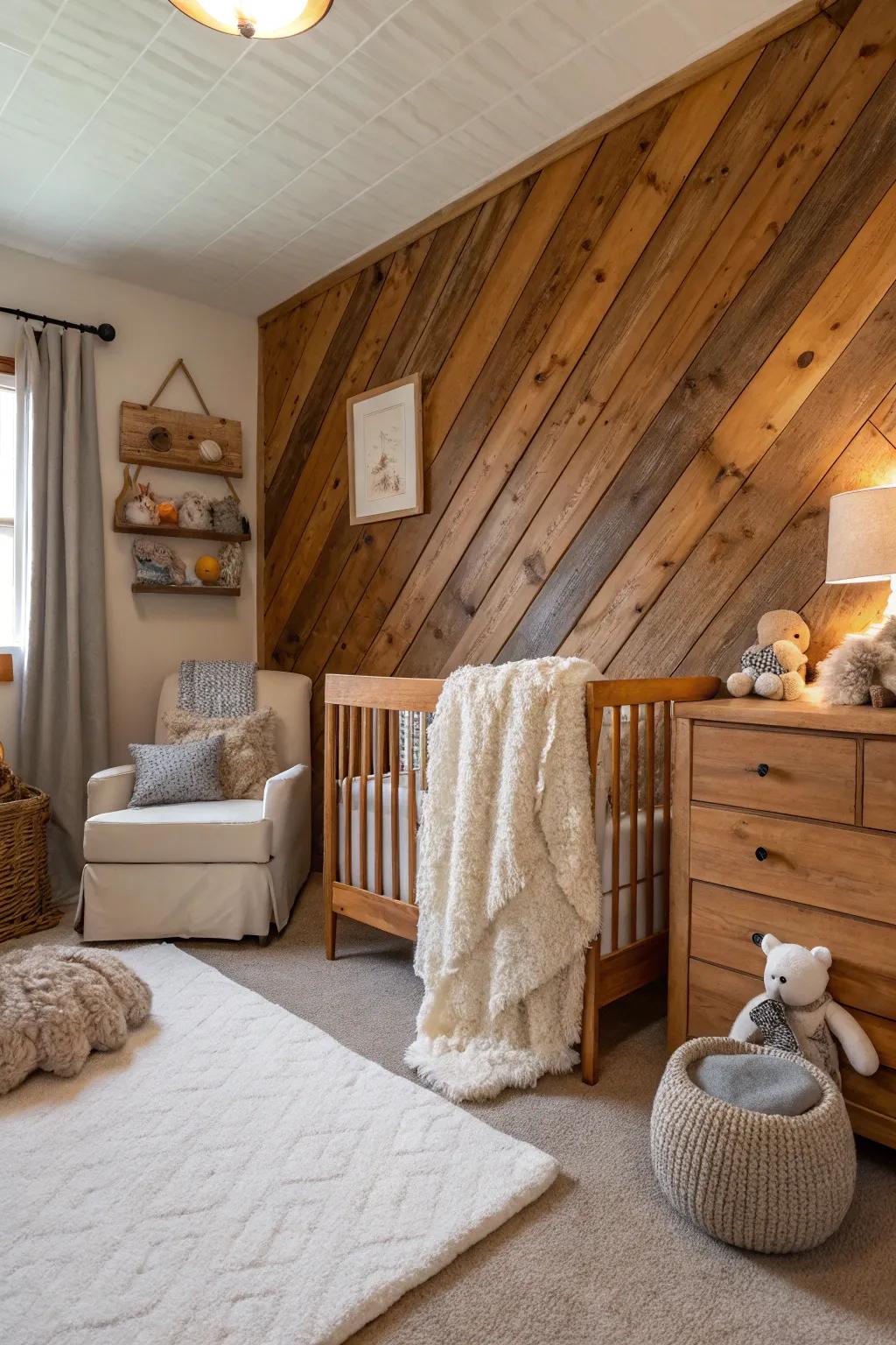 A cozy nursery with warm wood paneling creating a rustic, inviting atmosphere.