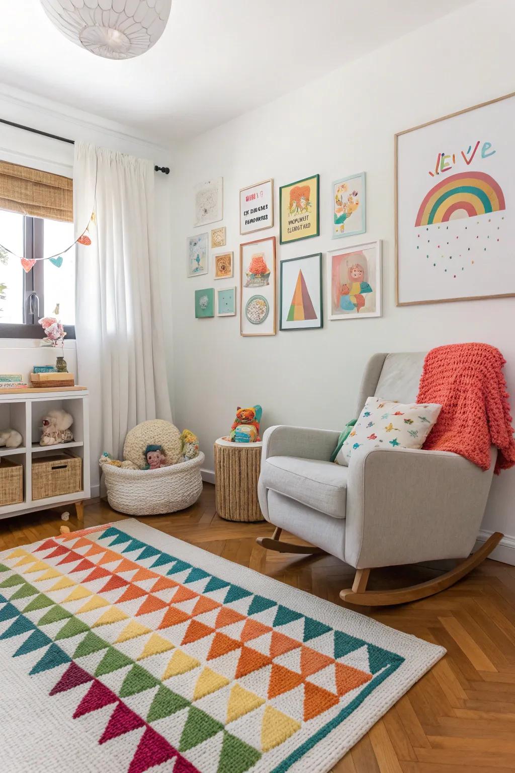 A pop of color brings life to this serene nursery corner.