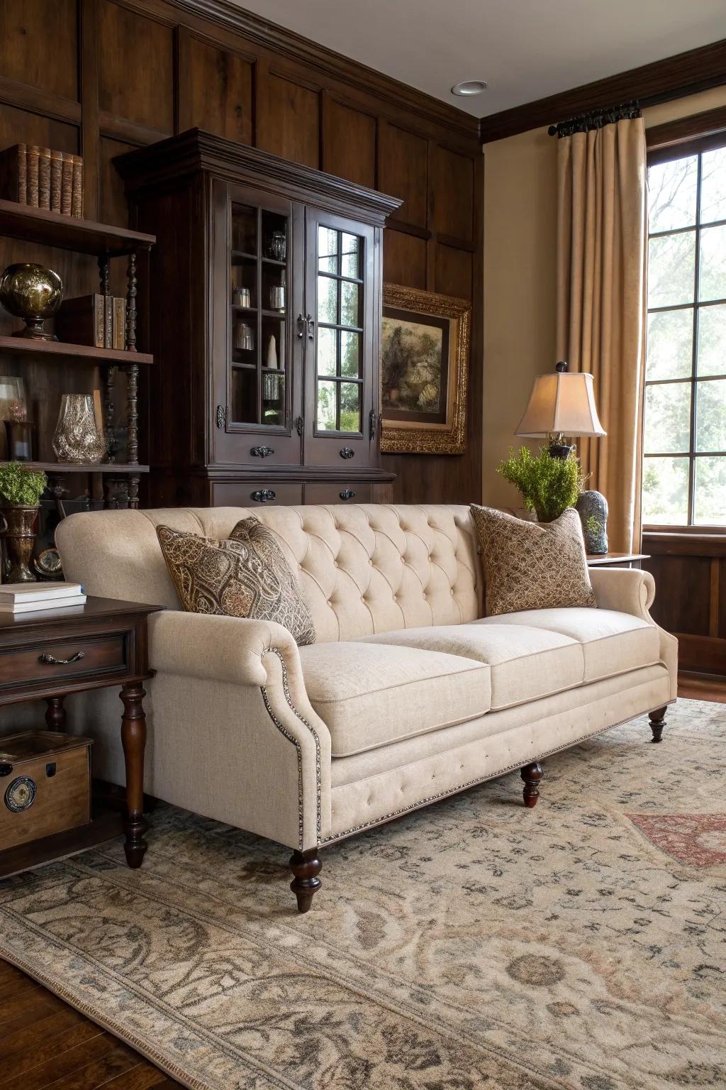 Dark wood furniture creates a sophisticated contrast with an oatmeal sofa.