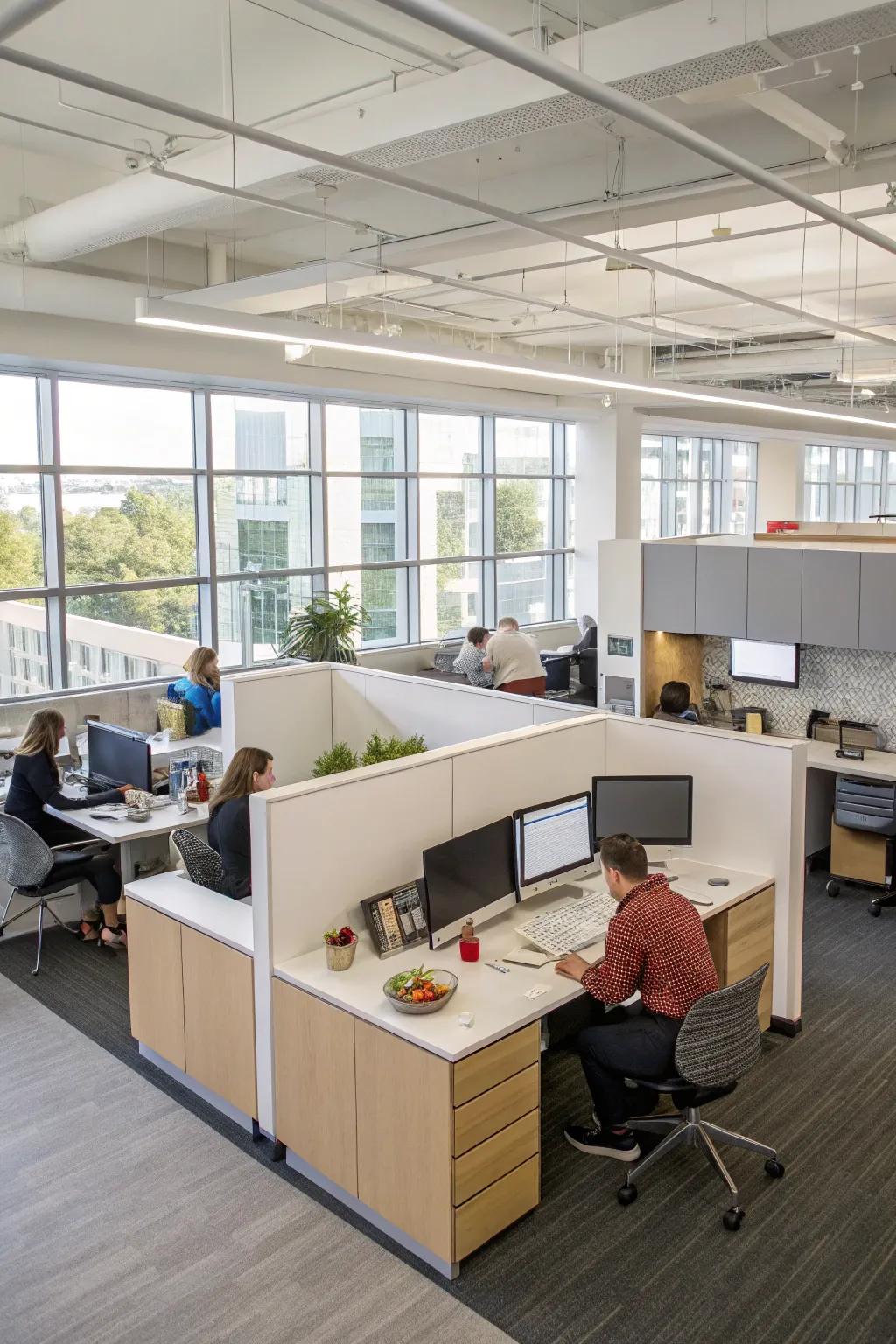 Shared space cubicles enhancing collaboration and camaraderie.