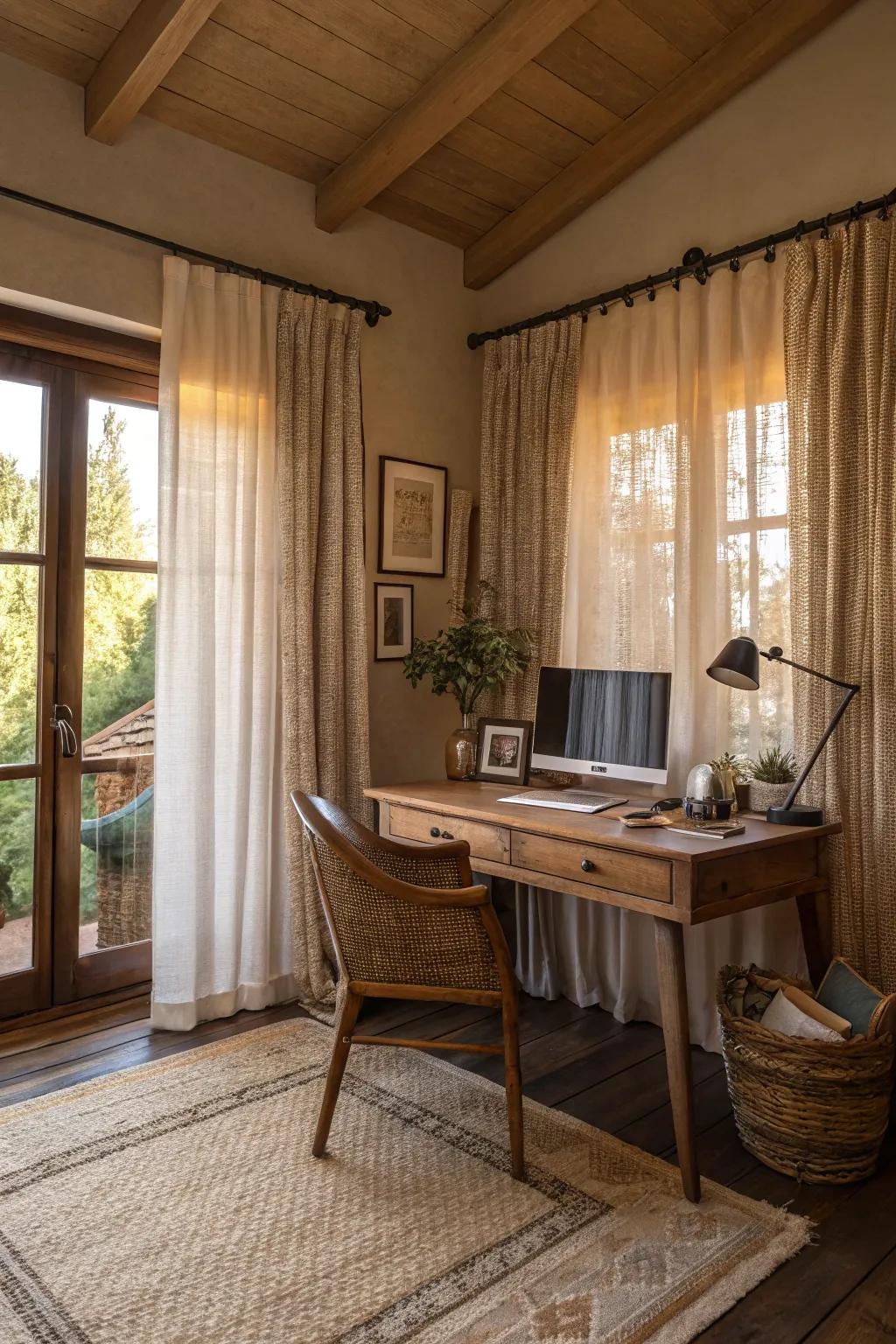 Textured fabric curtains add depth and warmth to the office.