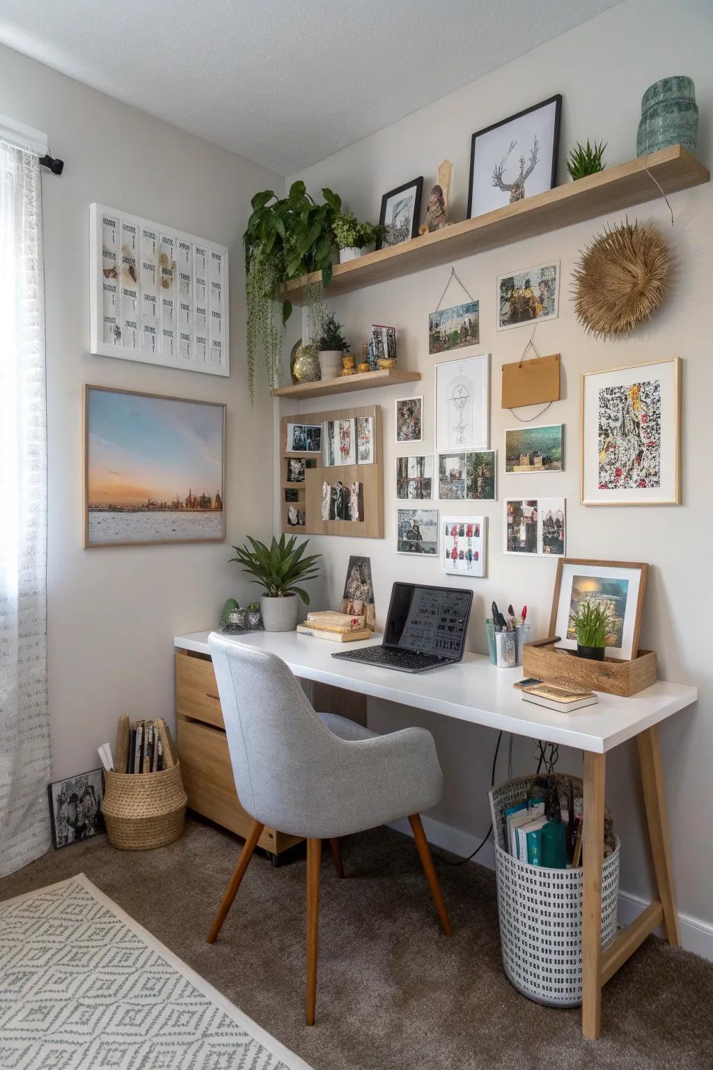 Personal artwork adds a unique and creative touch to a home office.