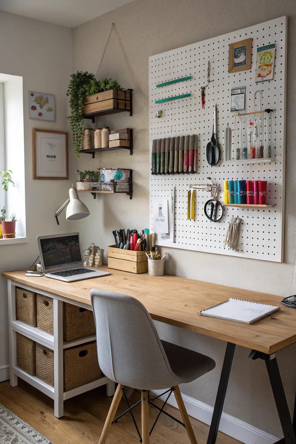 A pegboard offers flexible storage and personalization.