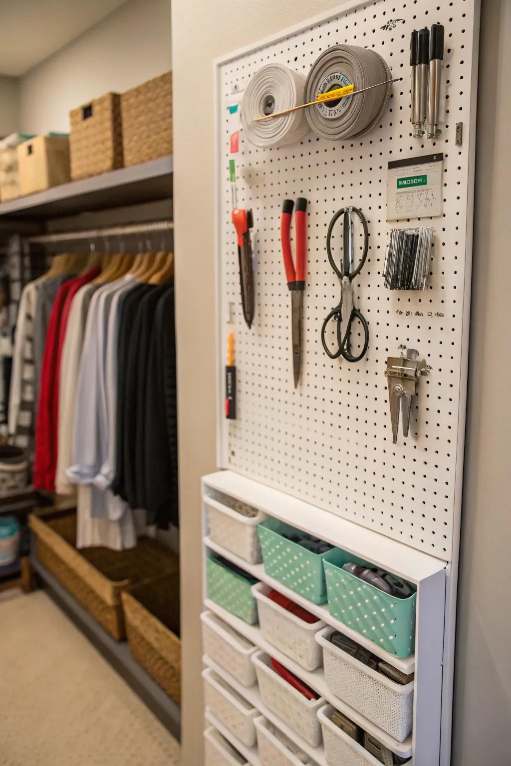 Pegboards and hooks turn walls into efficient storage spaces.