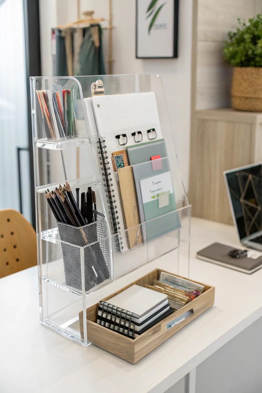 Acrylic organizers bring sleek minimalism to office storage.