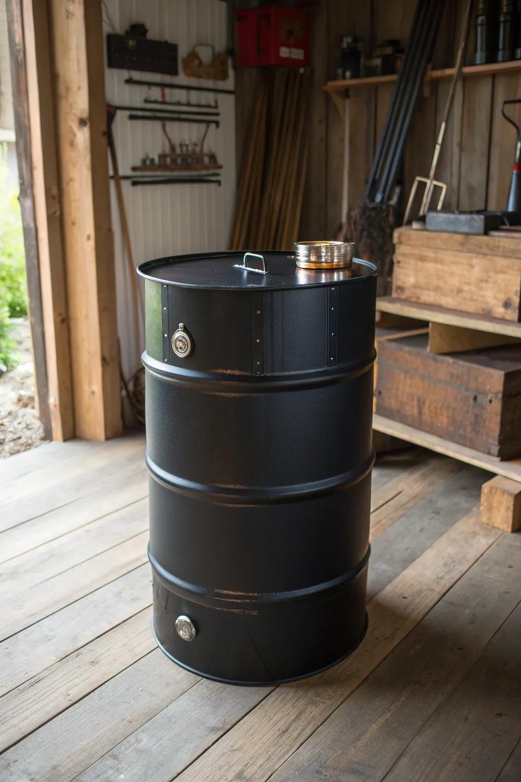 Transform your space with industrial charm: Repurposed oil barrel storage solution.