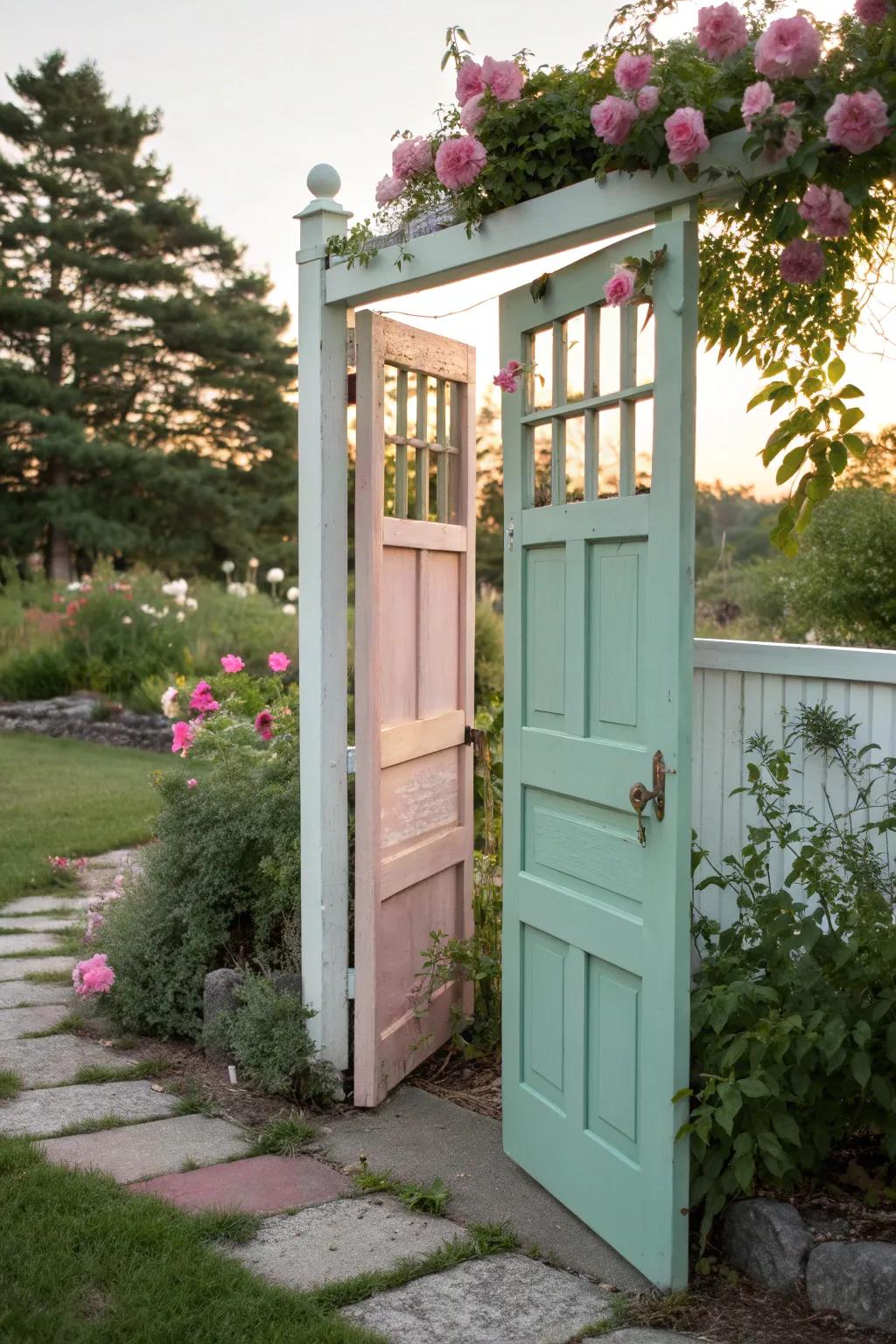 Step into a garden dream with this charming pastel gate.