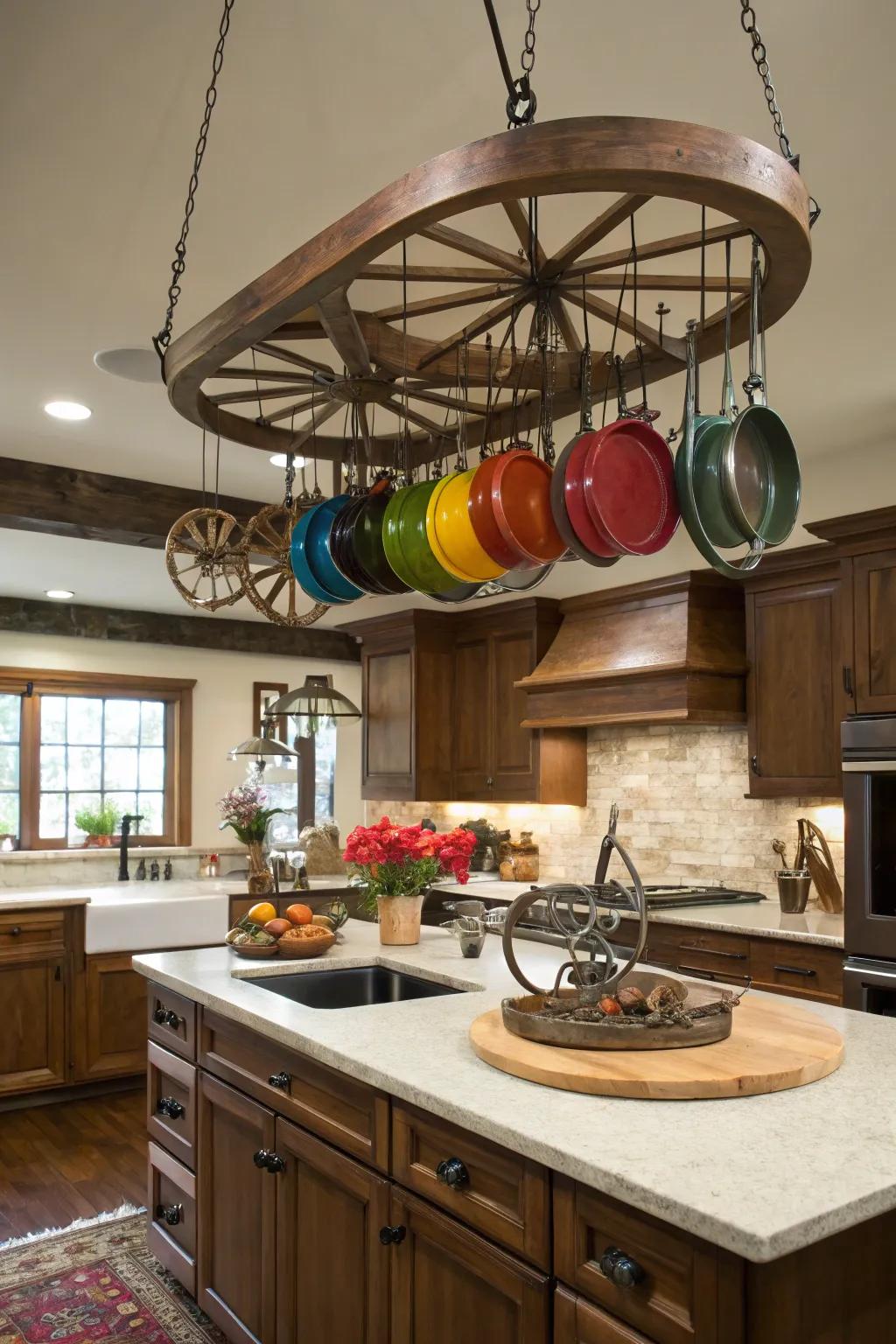 A wagon wheel pot rack is a stylish storage solution.