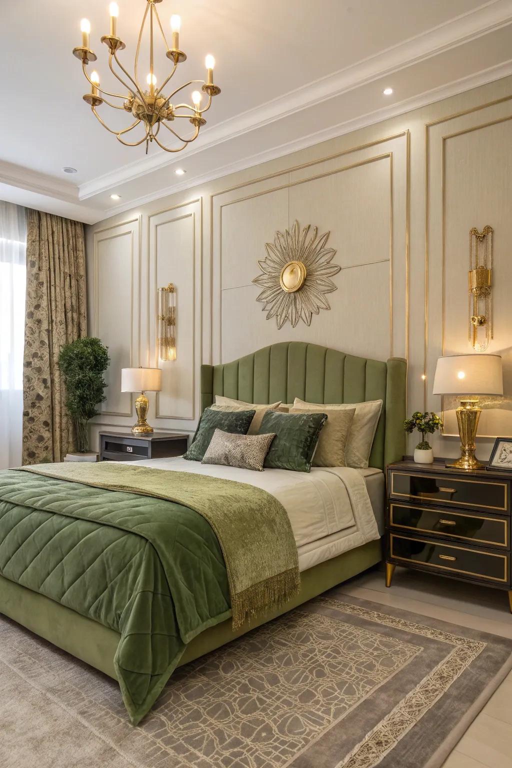 Gold accents paired with olive green offer a glamorous touch.