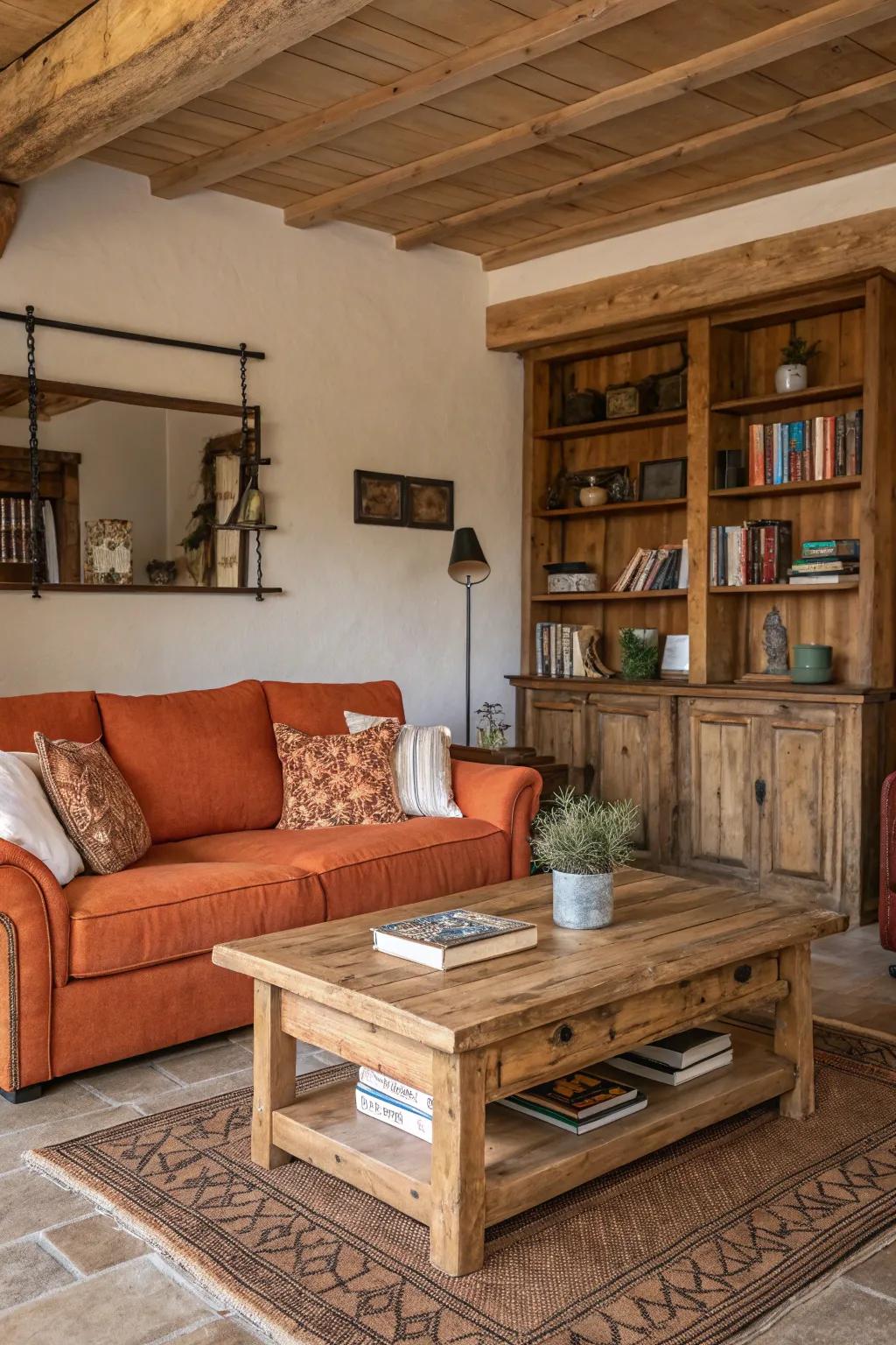 A cozy rustic living room where an orange couch complements wooden elements.