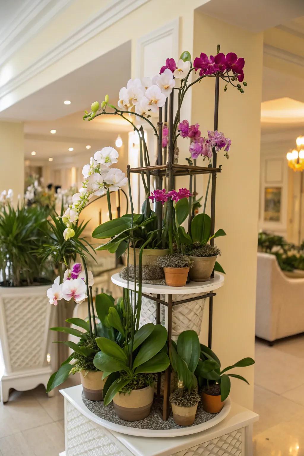 A bright room corner featuring a tiered stand with cascading orchids.