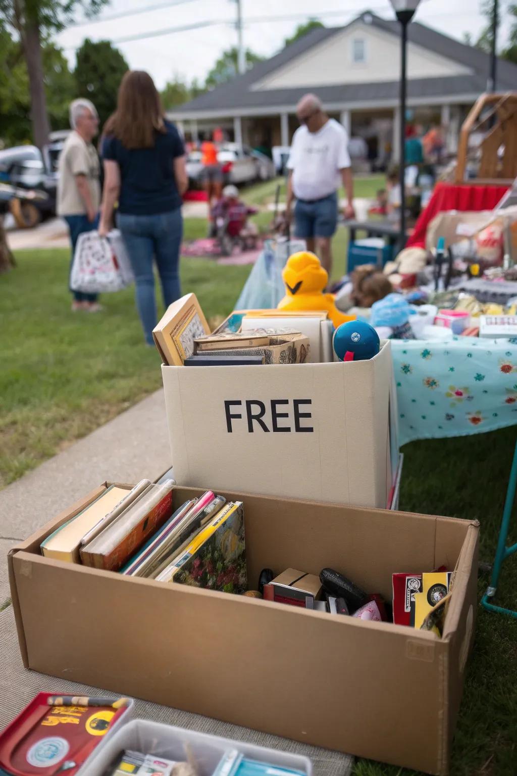 A freebie box helps declutter and draws in curious shoppers.