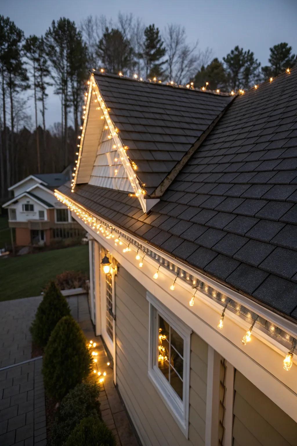 Bright string lights outlining the roofline, emphasizing the home's architectural beauty.