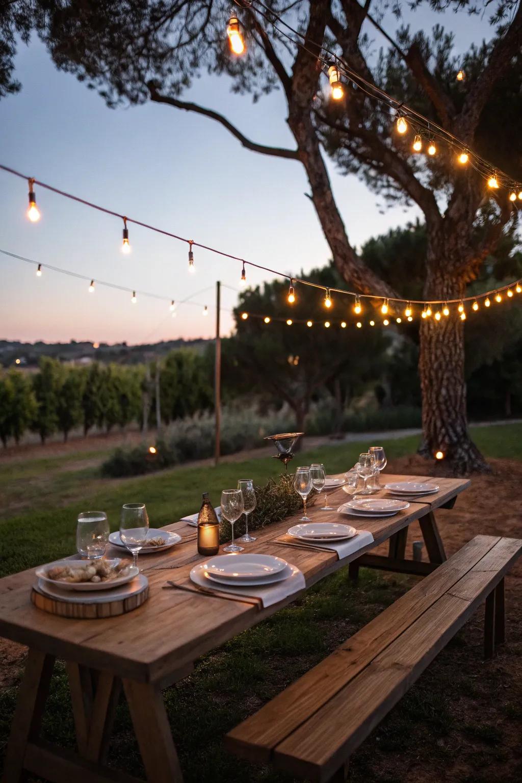 String lights add a whimsical touch to any outdoor picnic table setting.