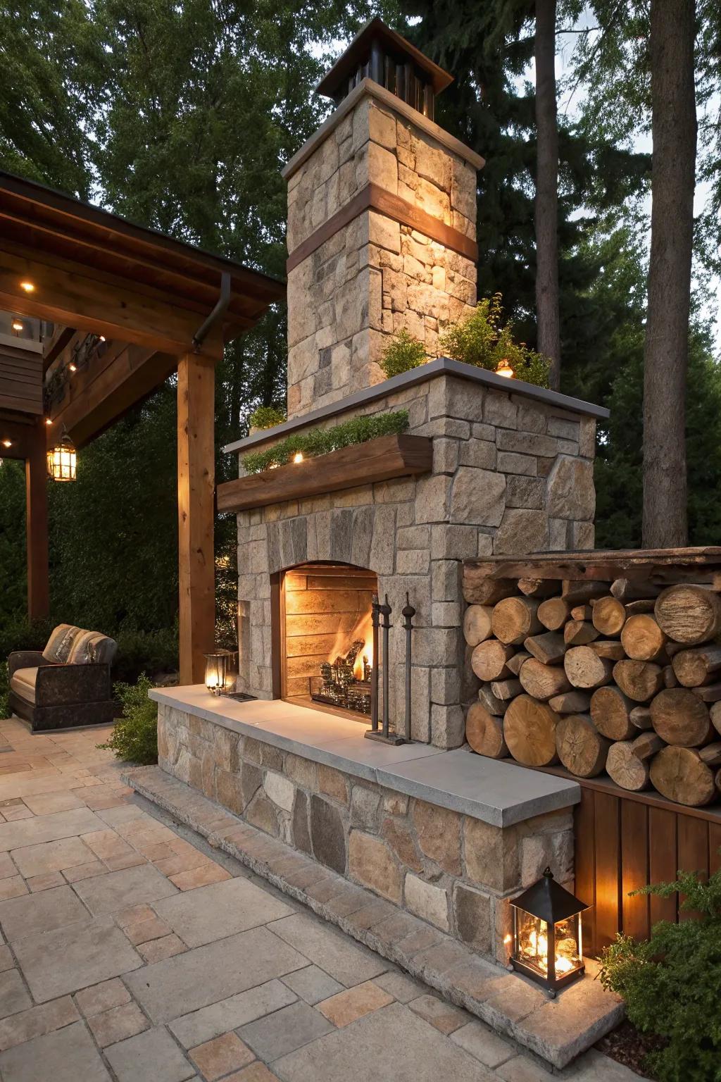 A textured mantel display with stone, wood, and metal elements.