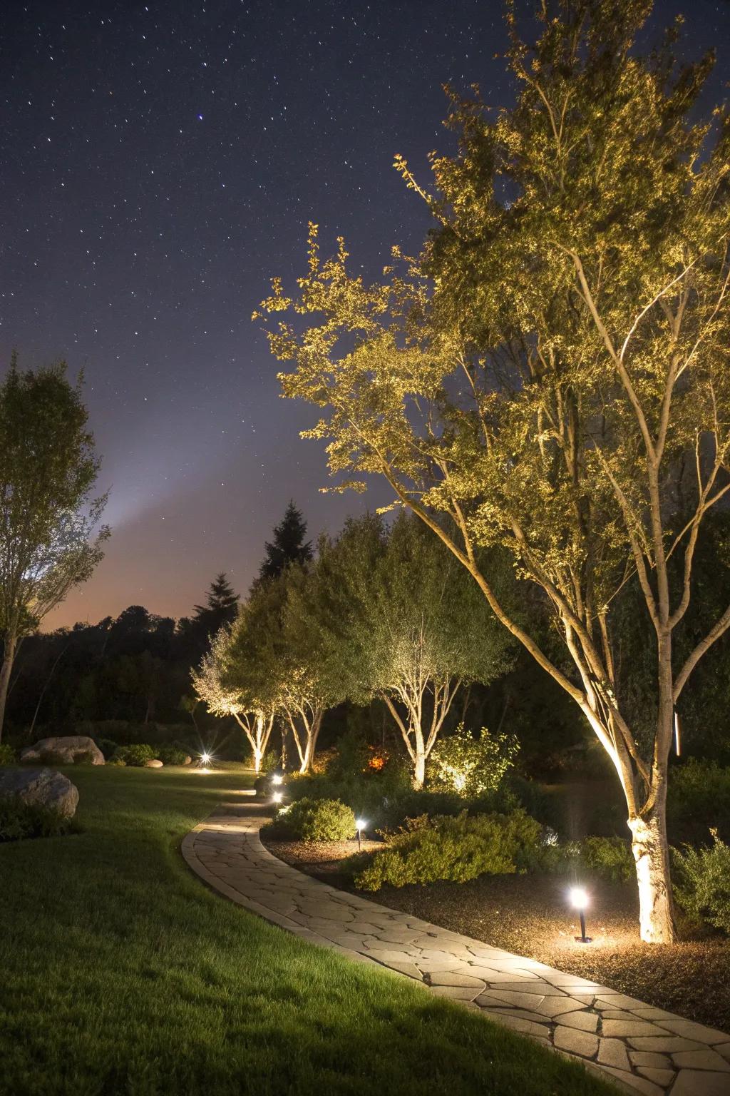 Spotlights enhance the natural beauty of your garden.