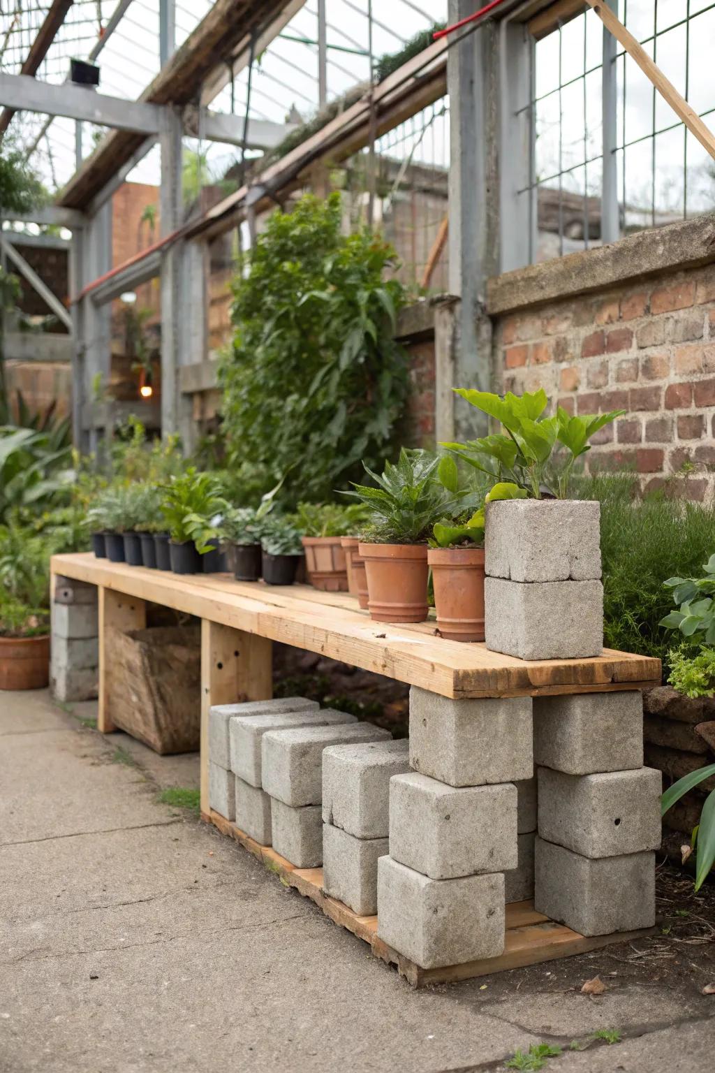 Achieve minimalism with a cement block plant bench.