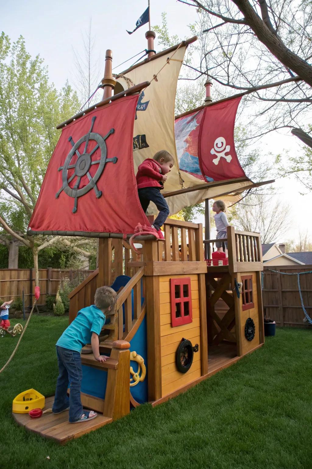 A pirate ship playhouse ready for thrilling backyard adventures.