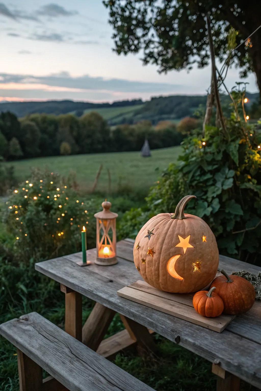 Illuminate your night with a celestial pumpkin masterpiece, where simplicity meets starlit elegance.