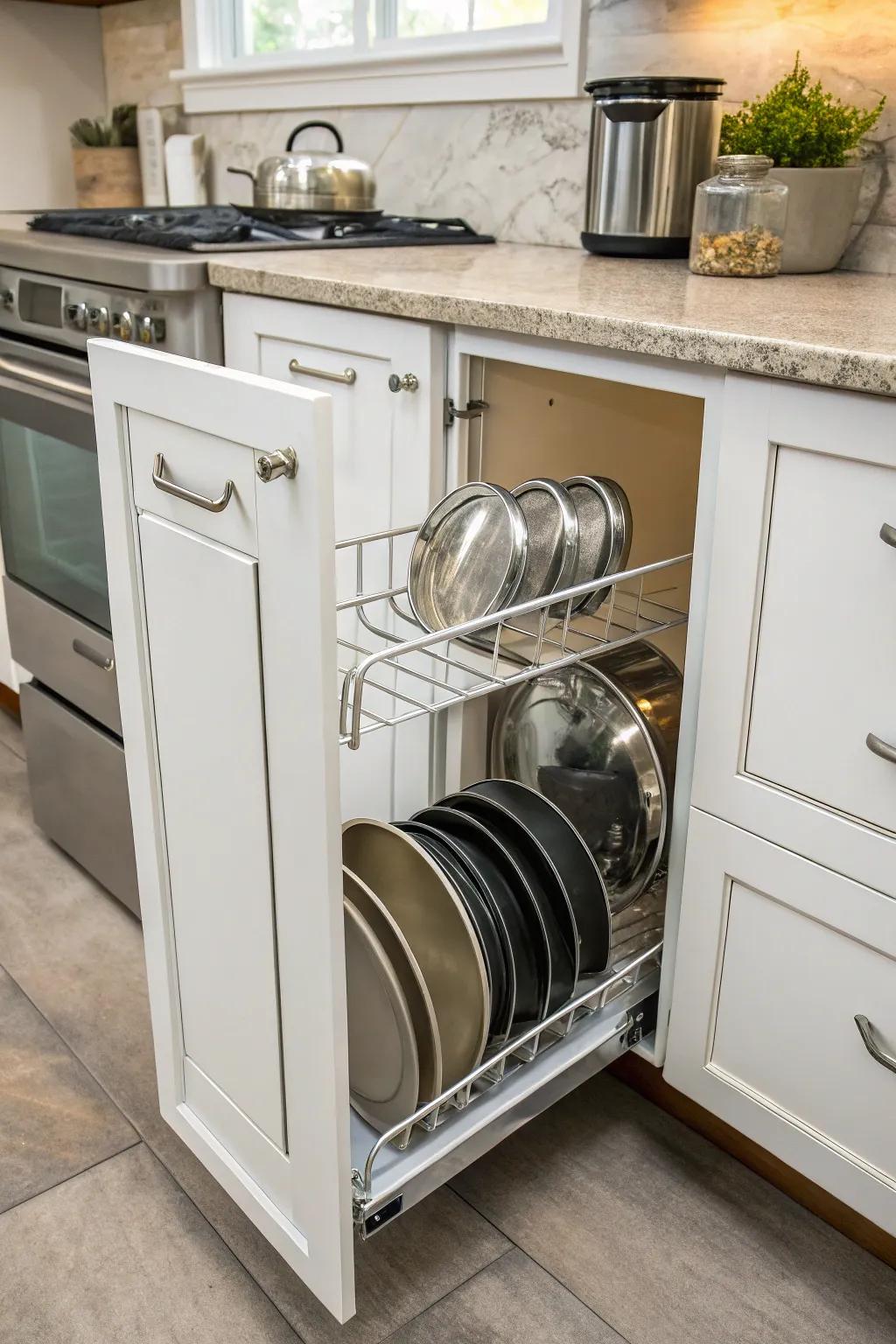 Store pot lids neatly with a cabinet door rack.