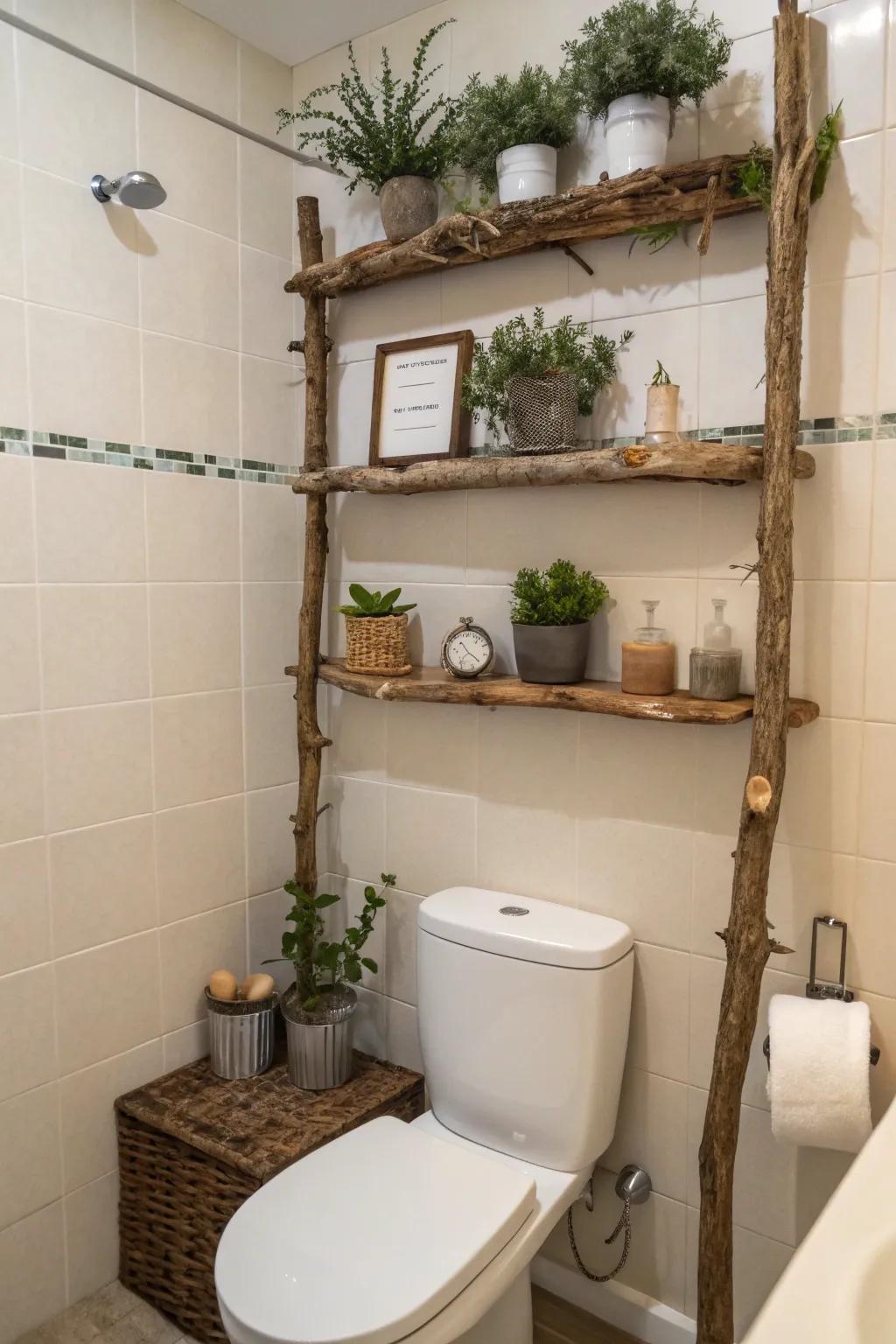 DIY branch-accented shelves bring a rustic charm to any bathroom.