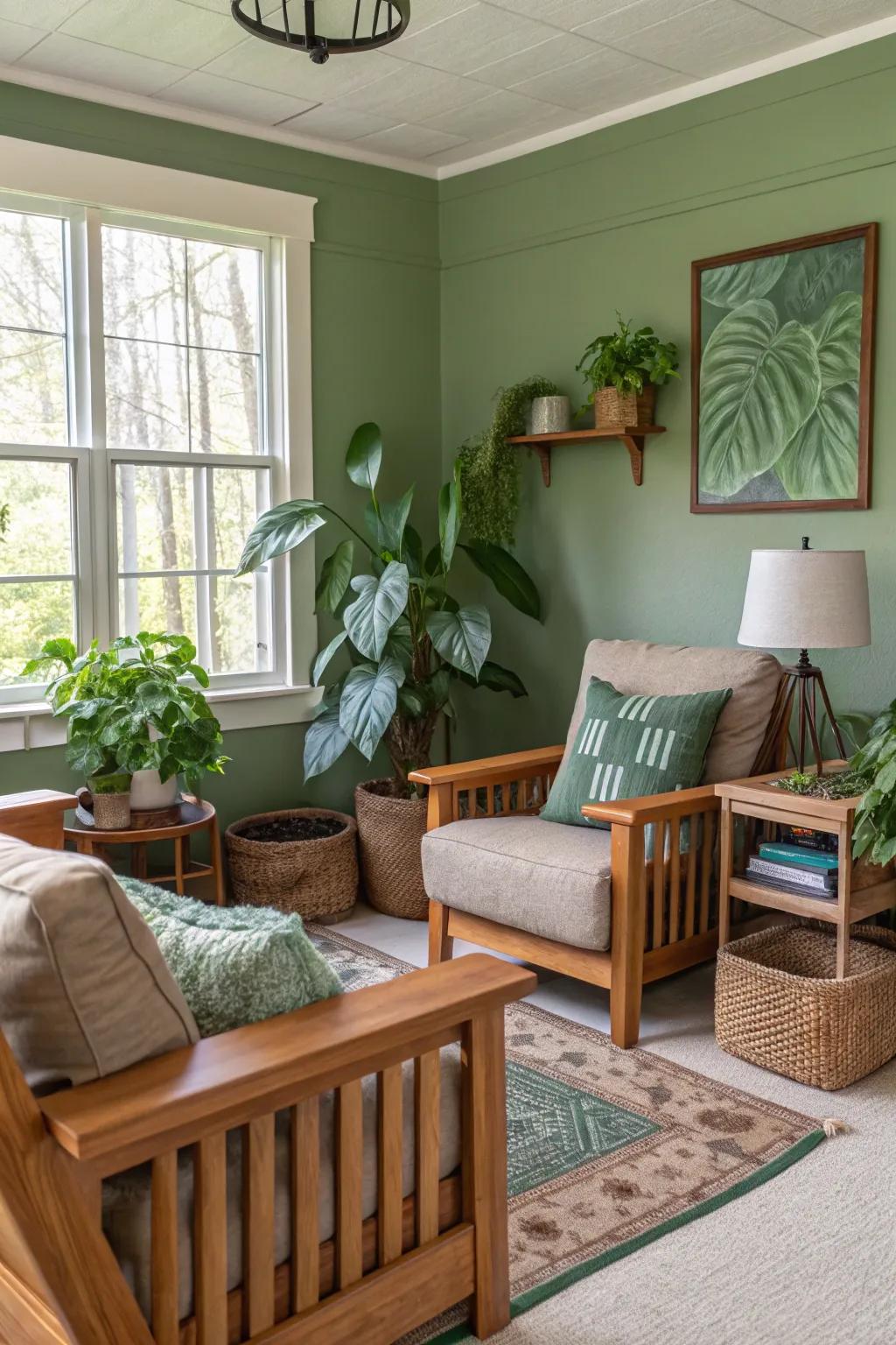 Sage green walls create a soothing and natural ambiance.