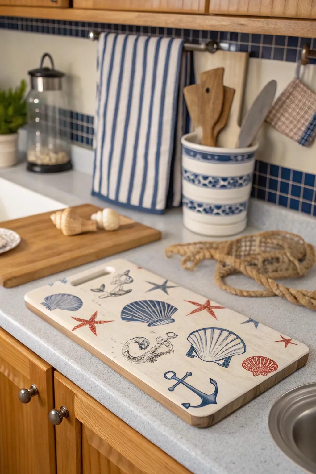 A cutting board featuring serene coastal designs, perfect for beach lovers.