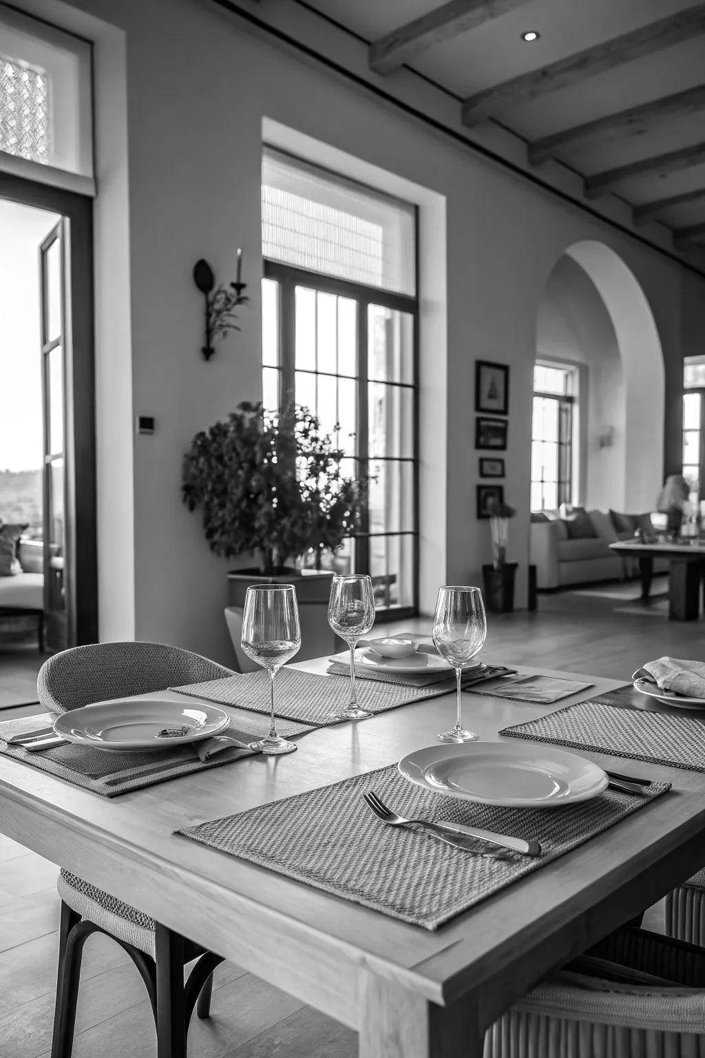 A black and white table adds a classic contrast.