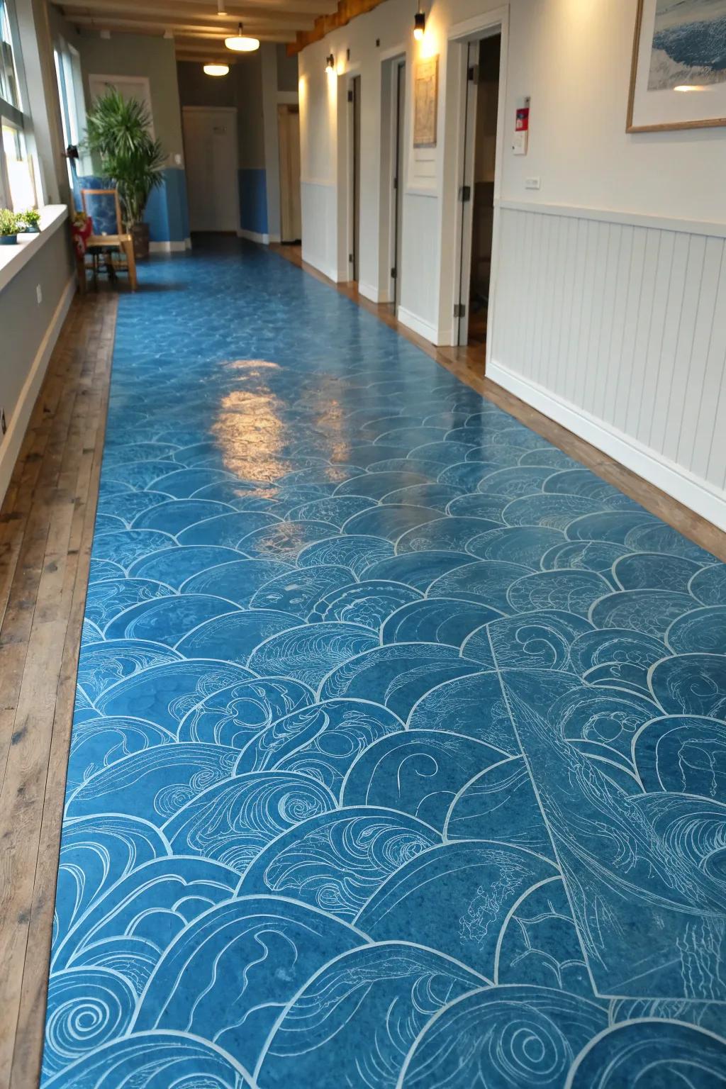 Dive into serenity with ocean-inspired OSB floor waves, a handcrafted masterpiece for your personal retreat.