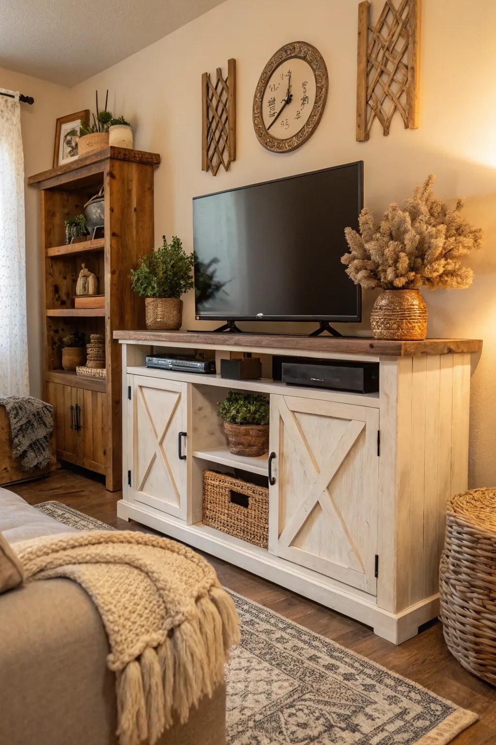 Rustic farmhouse style creates a warm and inviting atmosphere.