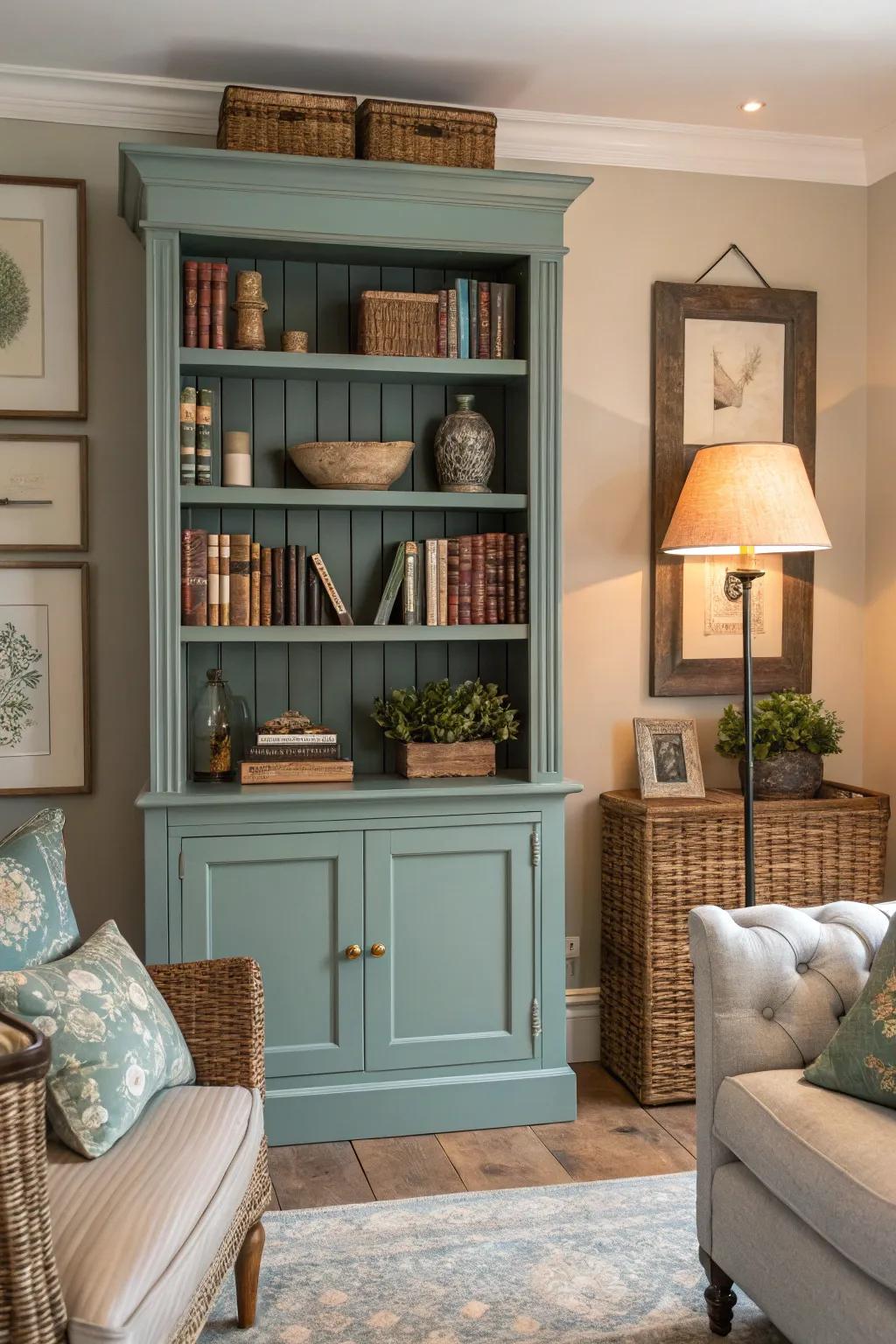 A bookshelf perfectly matched to room decor.