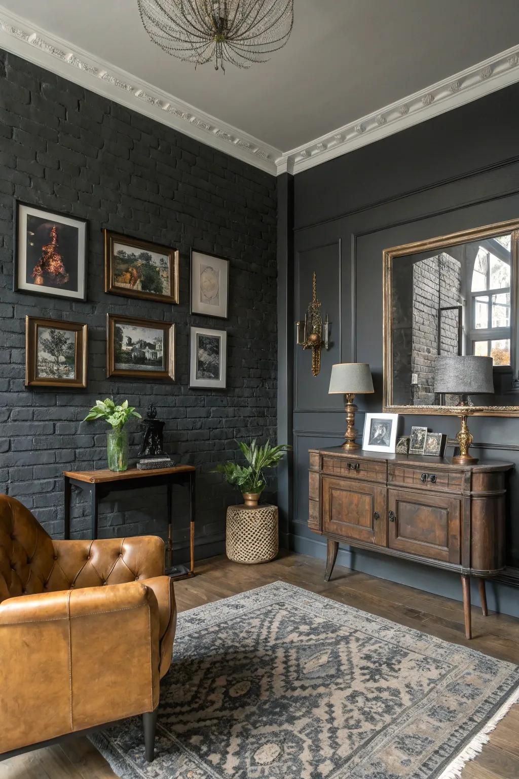 Charcoal painted brick walls providing a chic backdrop for versatile decor.