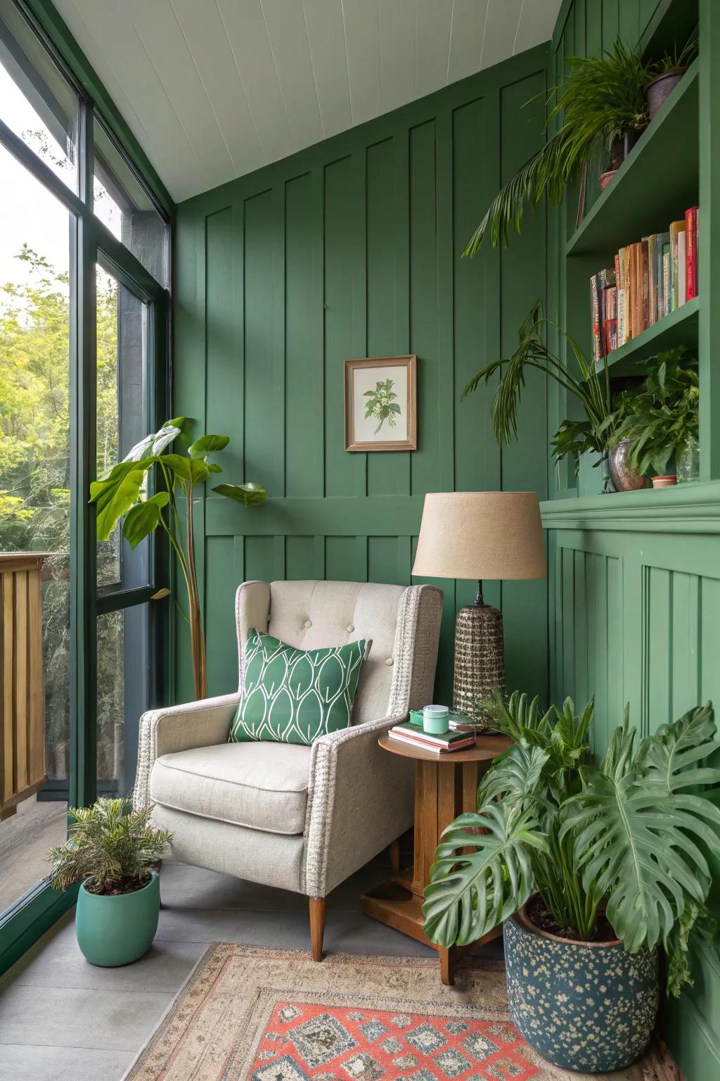 Vibrant green paneling brings the freshness of nature indoors.