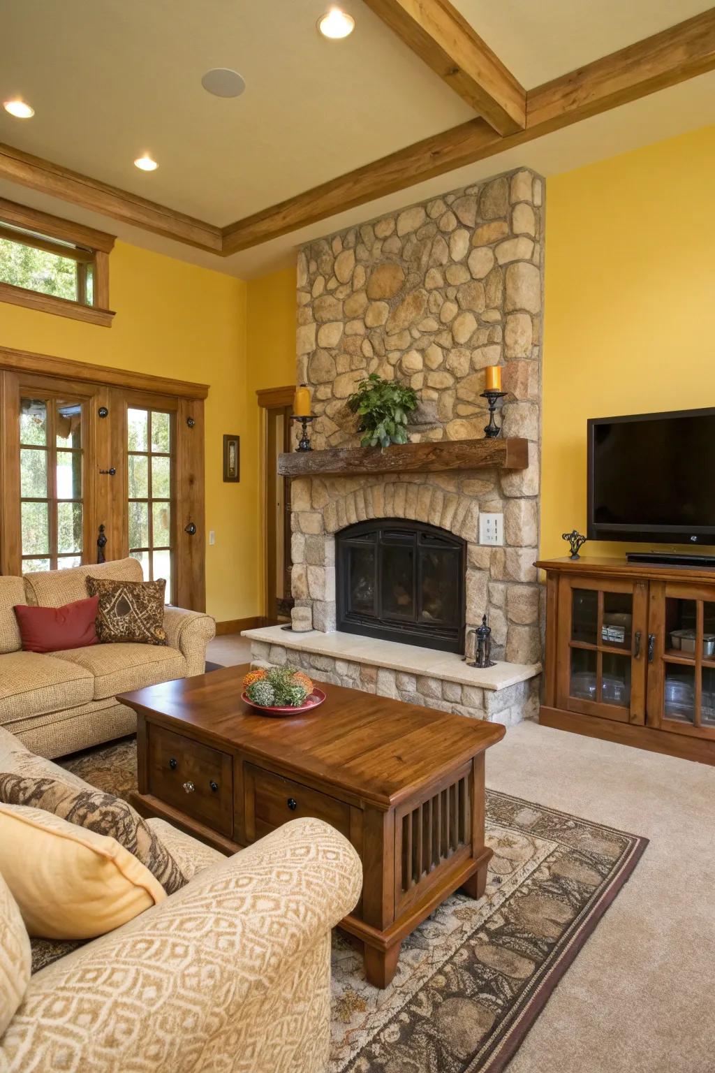 Natural materials and yellow hues create a warm, inviting living room.