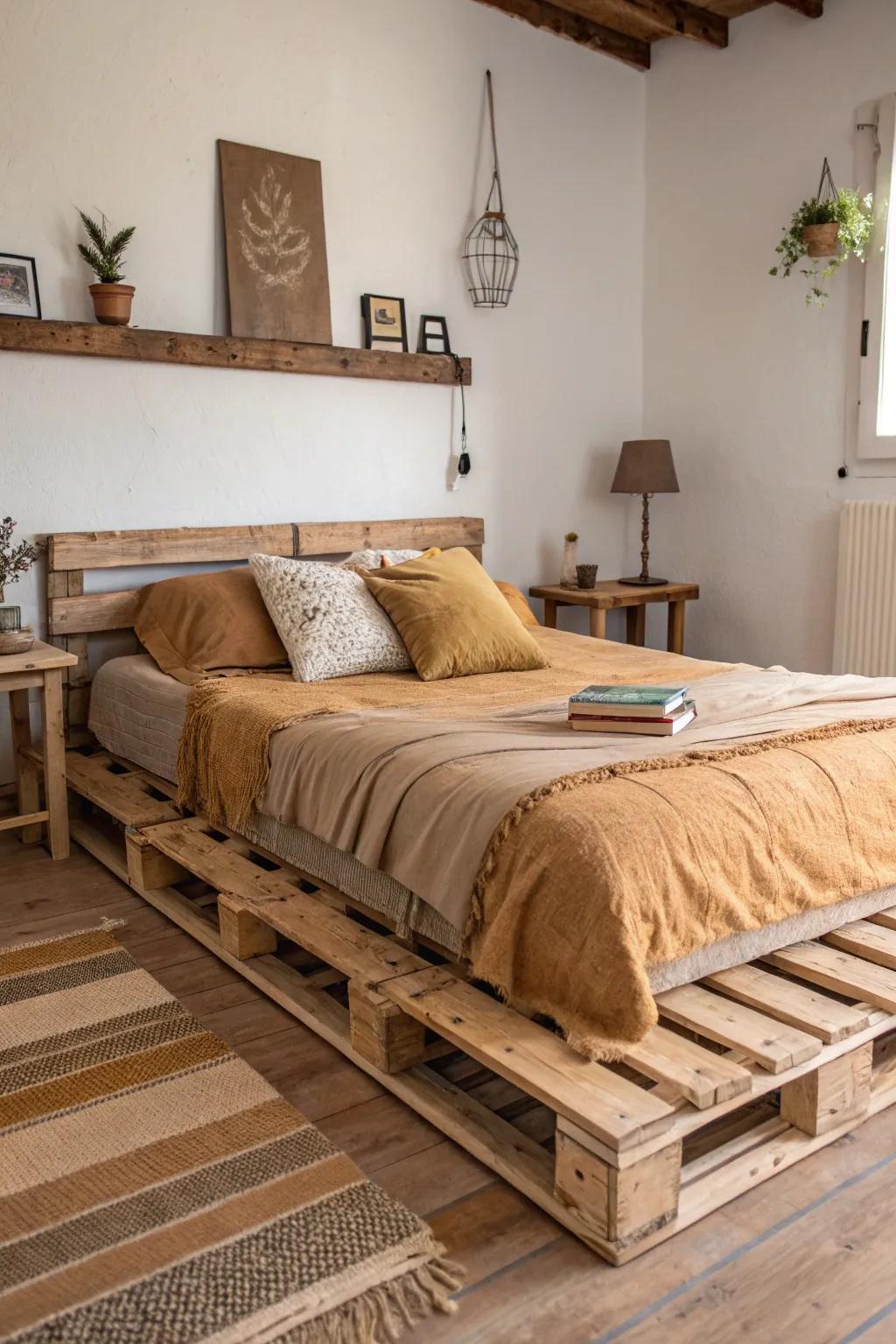 A rustic retreat with a raw wood pallet bed, perfect for nature lovers.